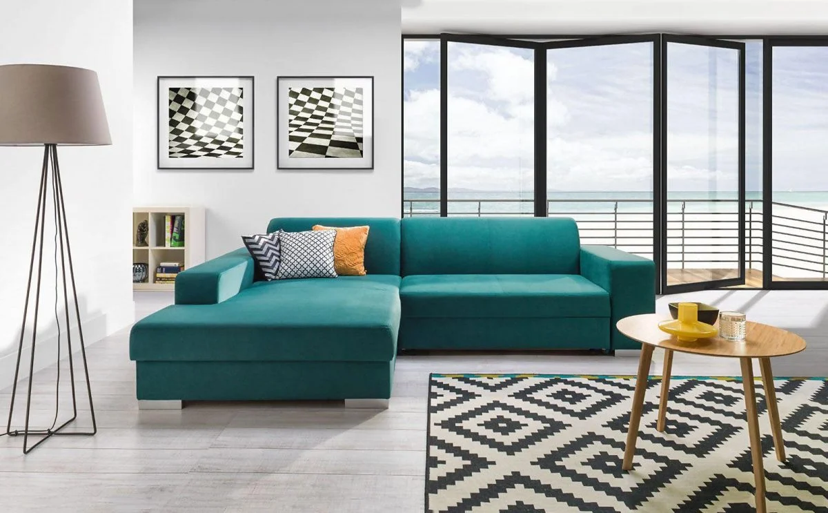 Ecksofa Schlafsofa HELLOS Polyesterstoff Türkis Ottomane Links - Fun Moebel
