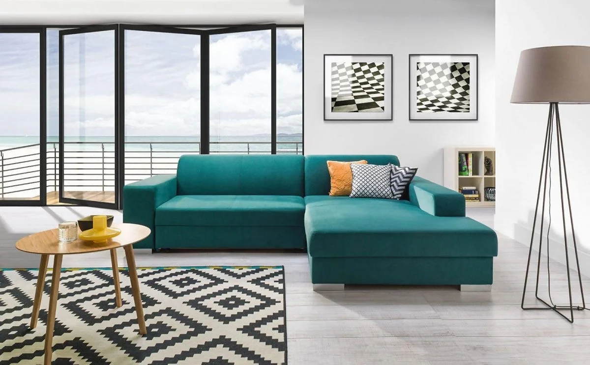 Ecksofa Schlafsofa HELLOS Polyesterstoff Türkis Ottomane Rechts - Fun Moebel