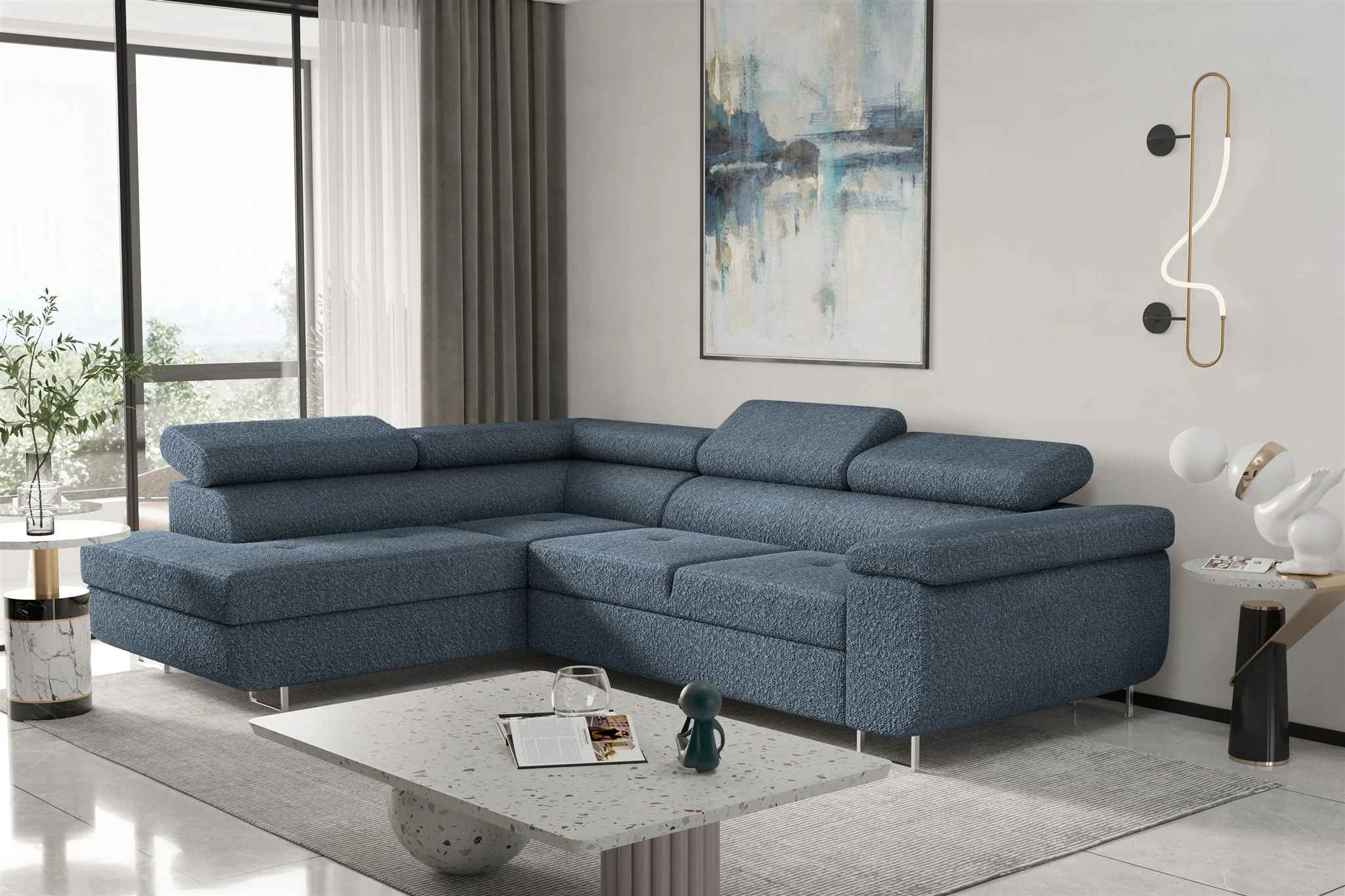 Couchgarnitur JADE Stoff Blau mit Schlaffunktion Ottomane Links - Fun Moebel