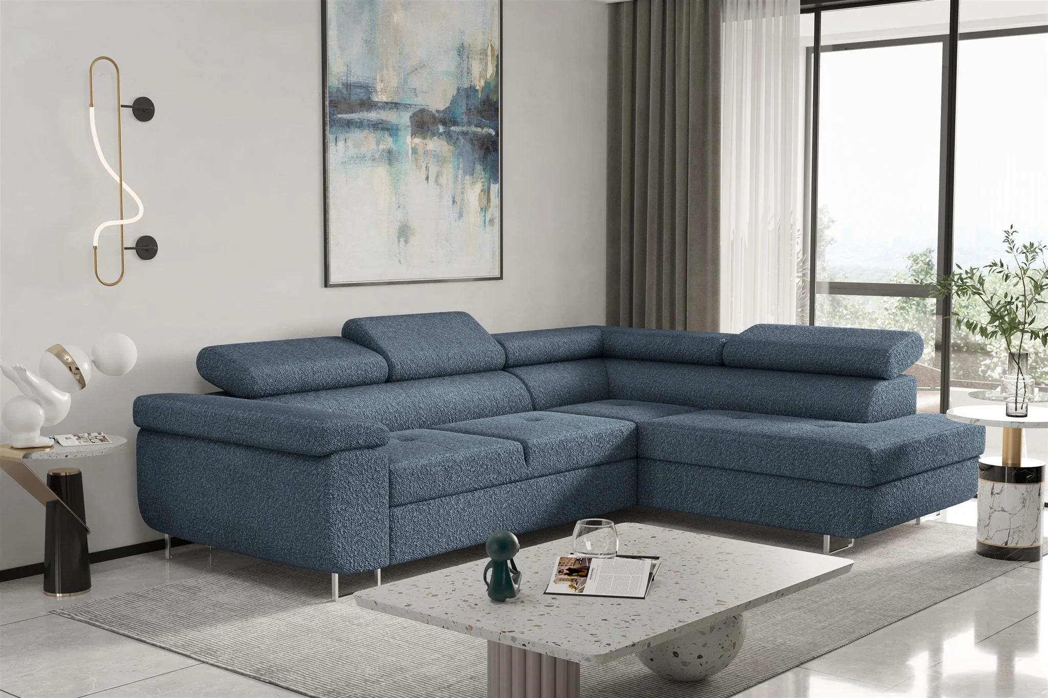 Couchgarnitur JADE Stoff Blau mit Schlaffunktion Ottomane Rechts - Fun Moebel