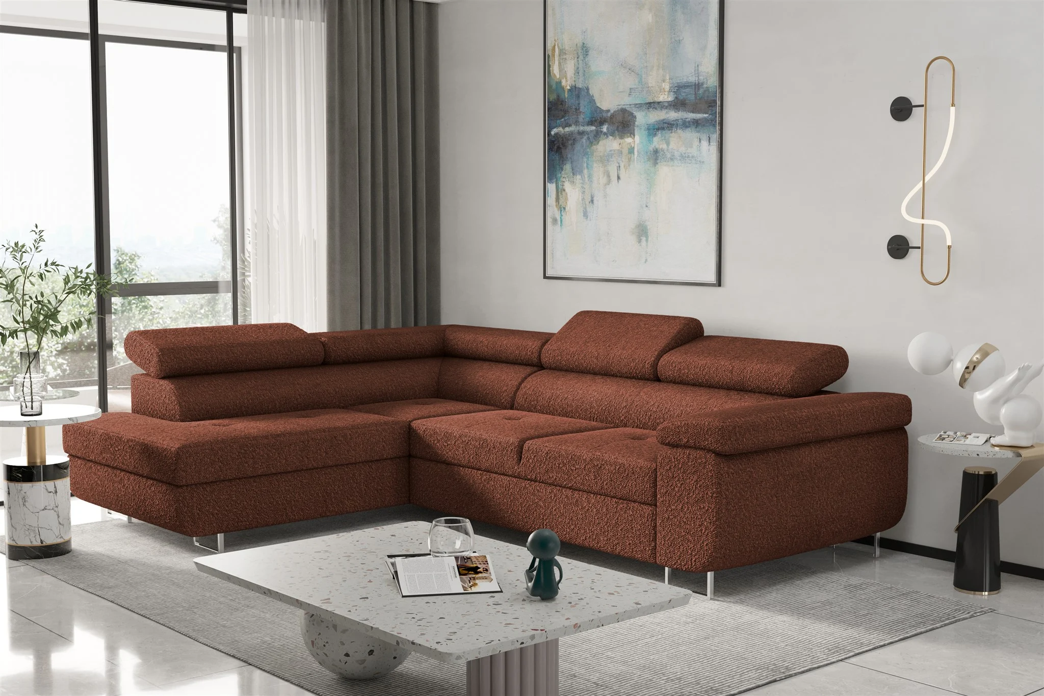 Couchgarnitur JADE Stoff Rotbraun mit Schlaffunktion Ottomane Links - Fun Moebel