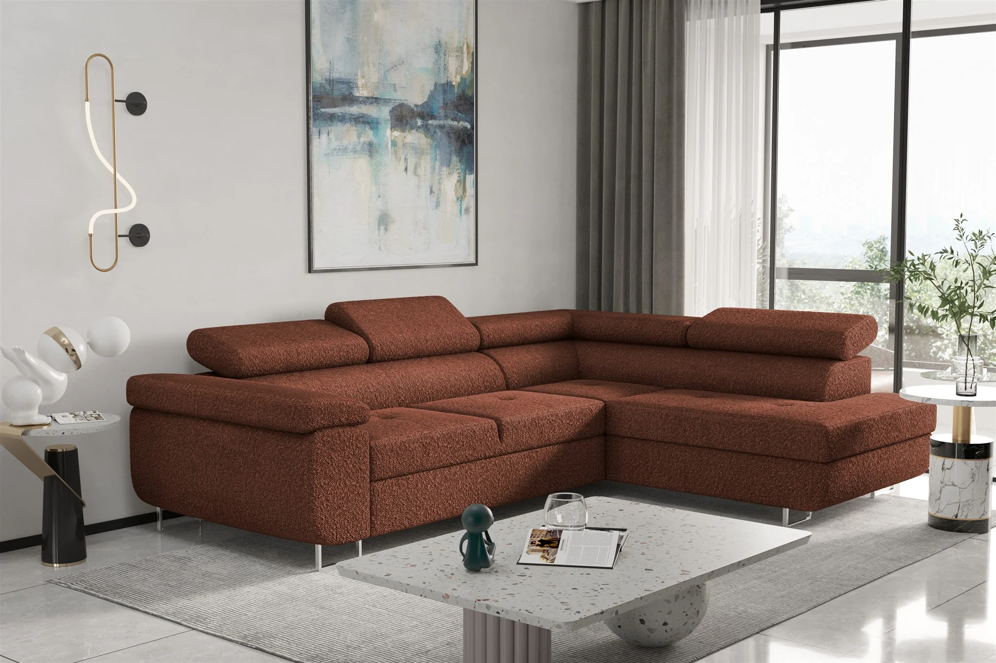 Couchgarnitur JADE Stoff Rotbraun mit Schlaffunktion Ottomane Rechts - Fun Moebel