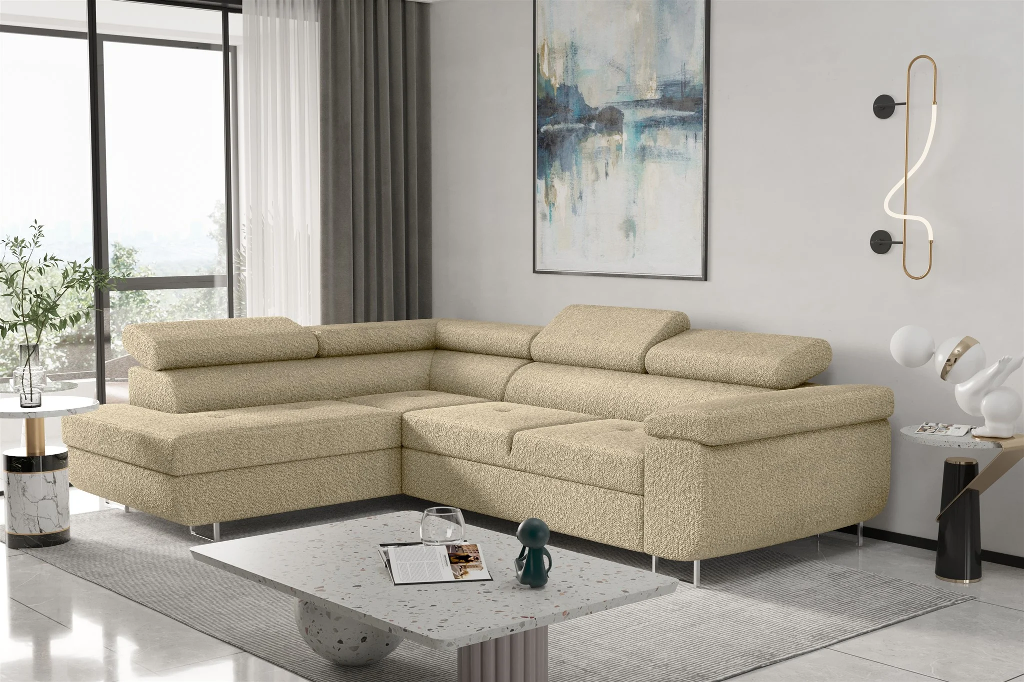 Couchgarnitur JADE Stoff Champagner mit Schlaffunktion Ottomane Links - Fun Moebel