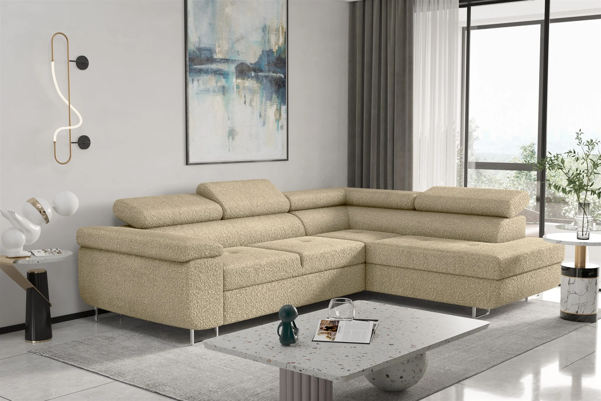 Couchgarnitur JADE Stoff Champagner mit Schlaffunktion Ottomane Rechts - Fun Moebel
