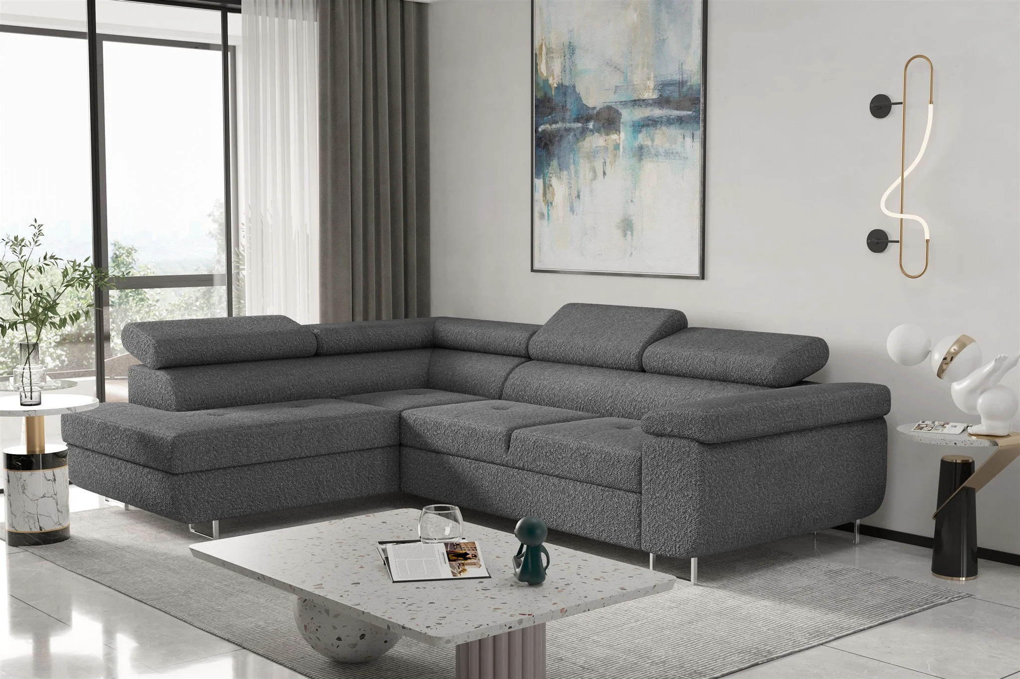Couchgarnitur JADE Stoff Graphit mit Schlaffunktion Ottomane Links - Fun Moebel