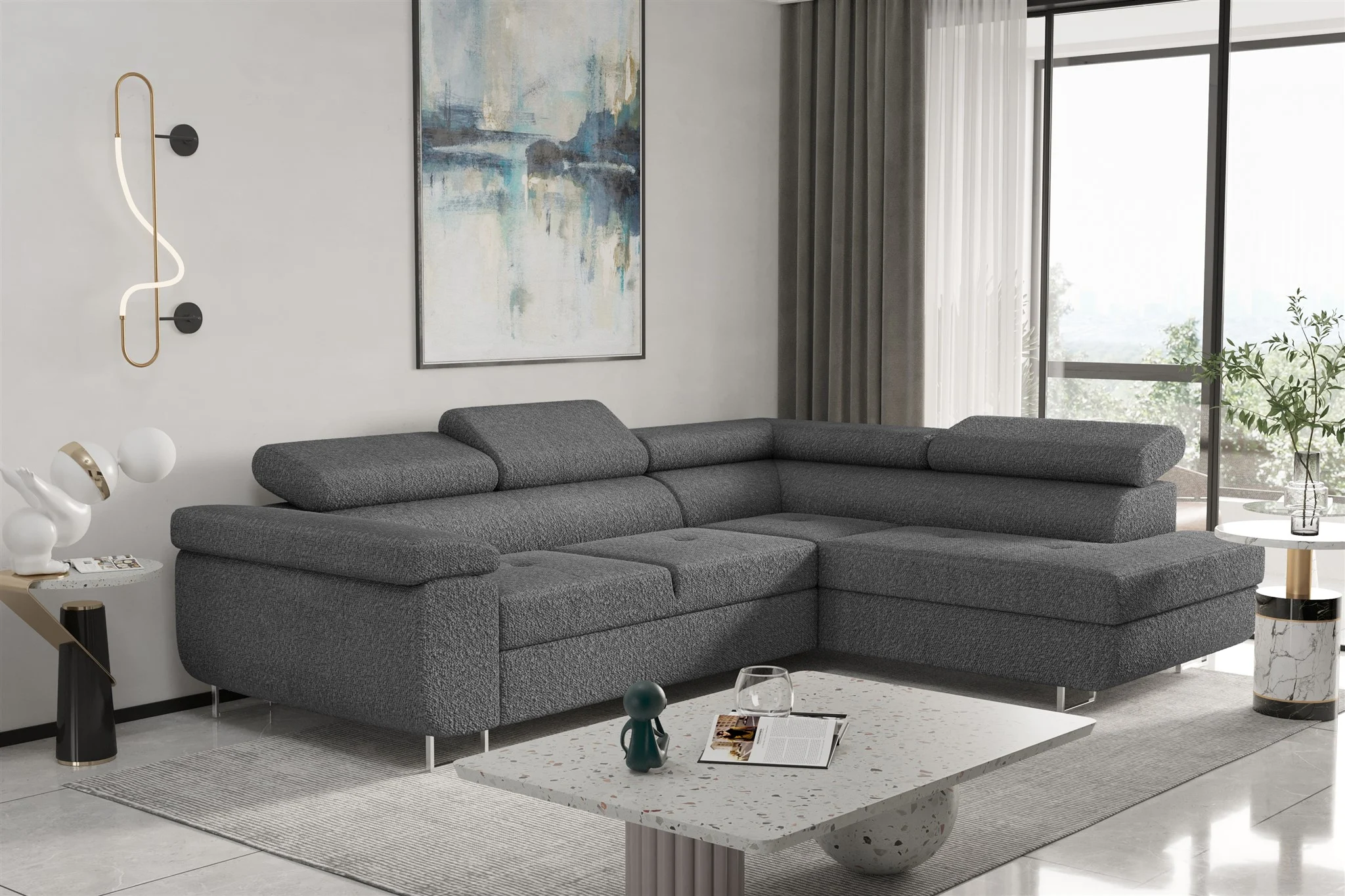 Couchgarnitur JADE Stoff Graphit mit Schlaffunktion Ottomane Rechts - Fun Moebel