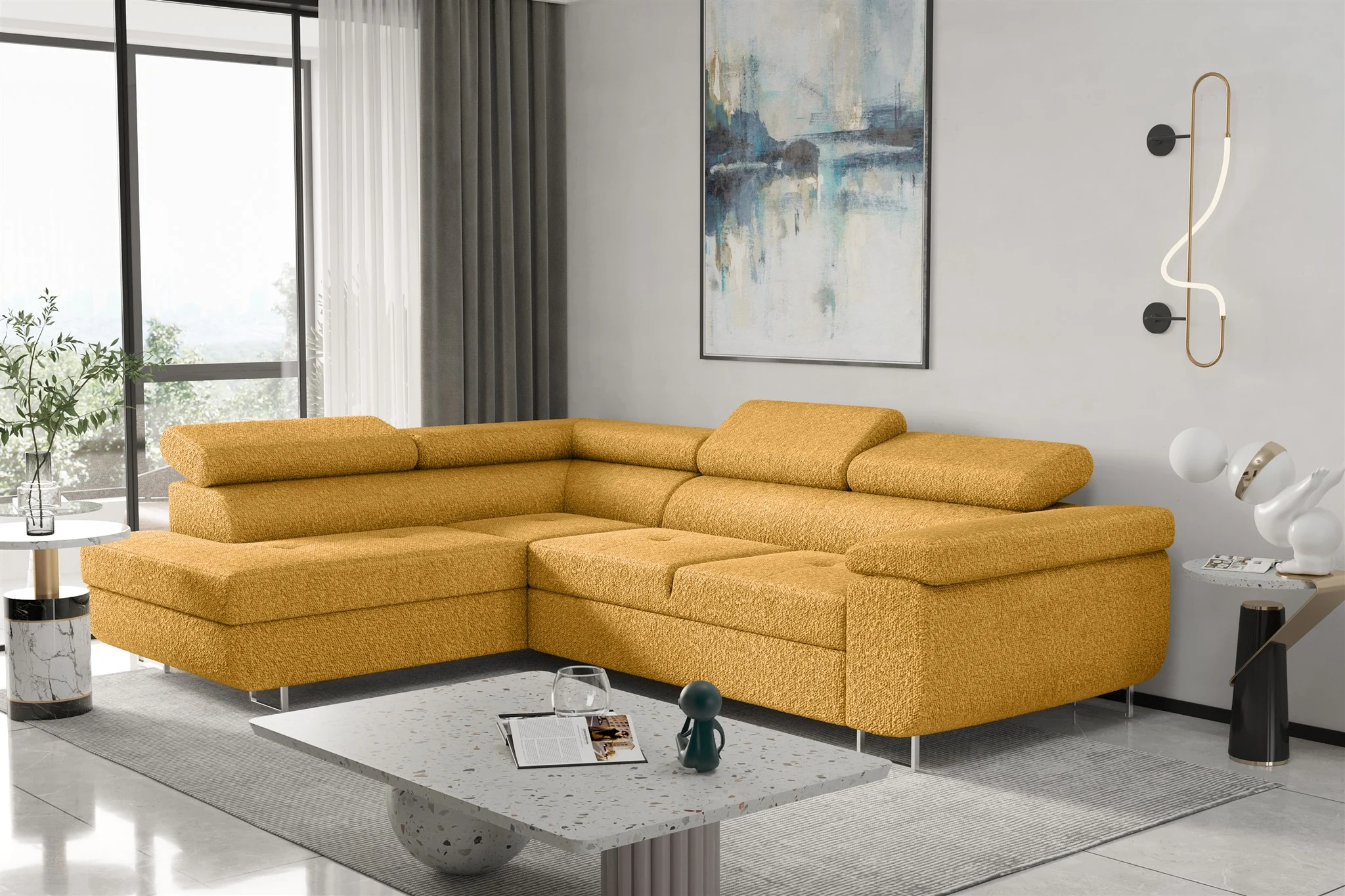 Couchgarnitur JADE Stoff Senf mit Schlaffunktion Ottomane Links - Fun Moebel