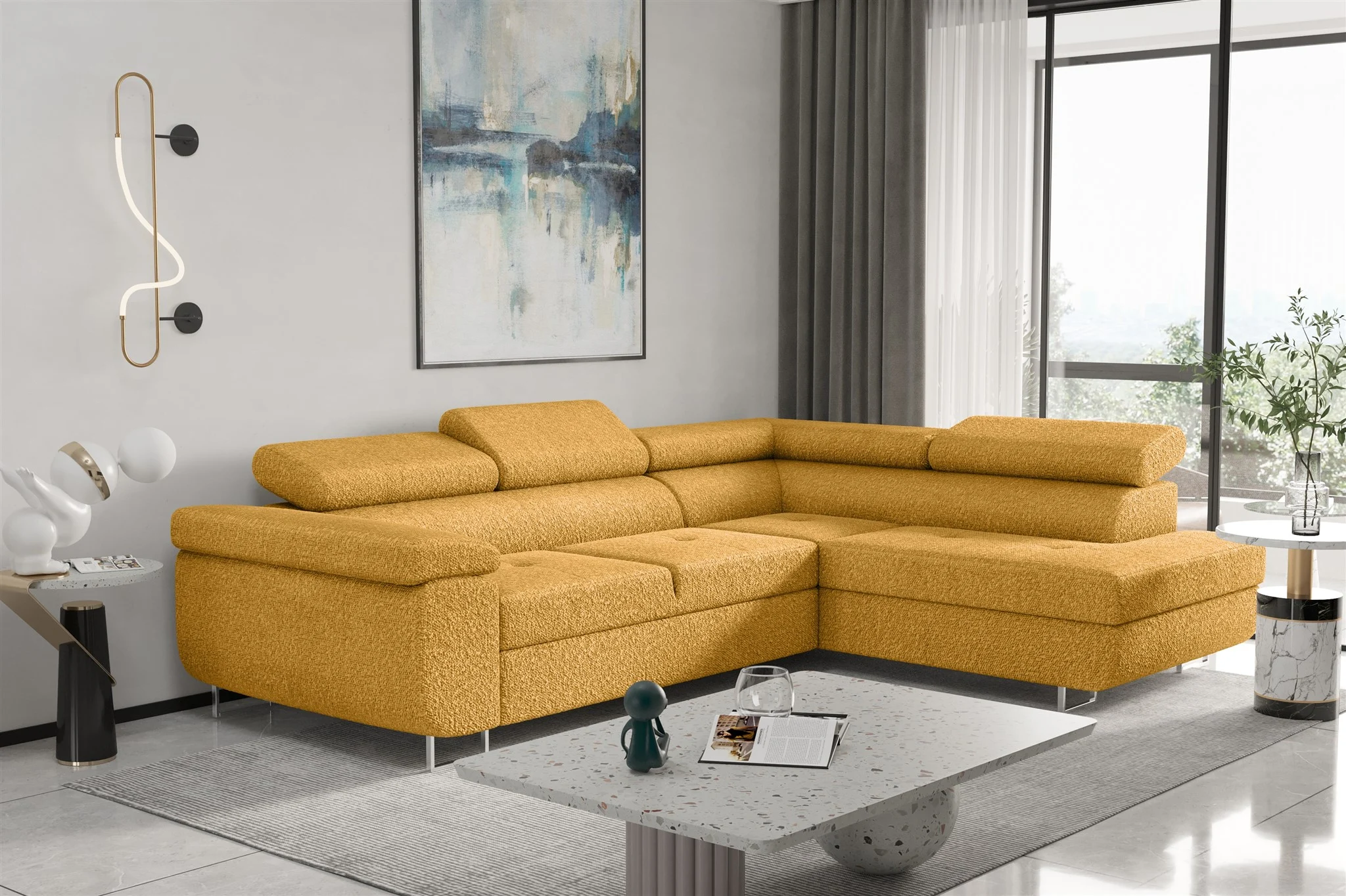 Couchgarnitur JADE Stoff Senf mit Schlaffunktion Ottomane Rechts - Fun Moebel