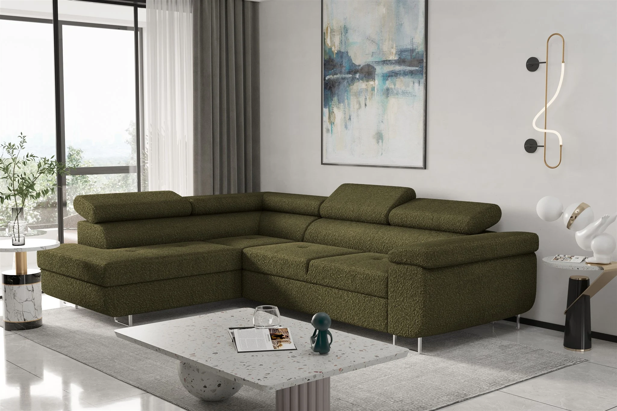 Couchgarnitur JADE Stoff Olive mit Schlaffunktion Ottomane Links - Fun Moebel