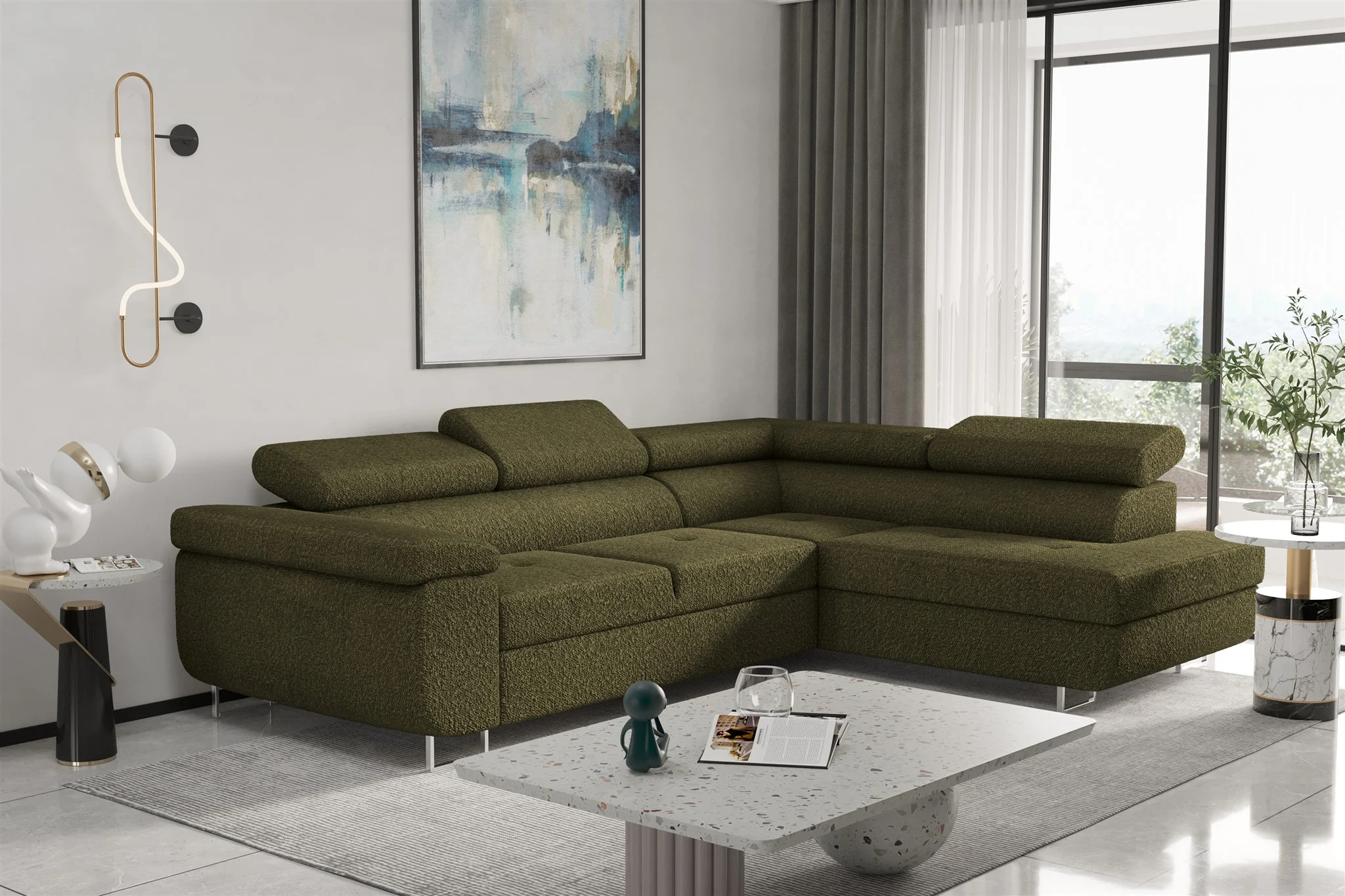 Couchgarnitur JADE Stoff Olive mit Schlaffunktion Ottomane Rechts - Fun Moebel
