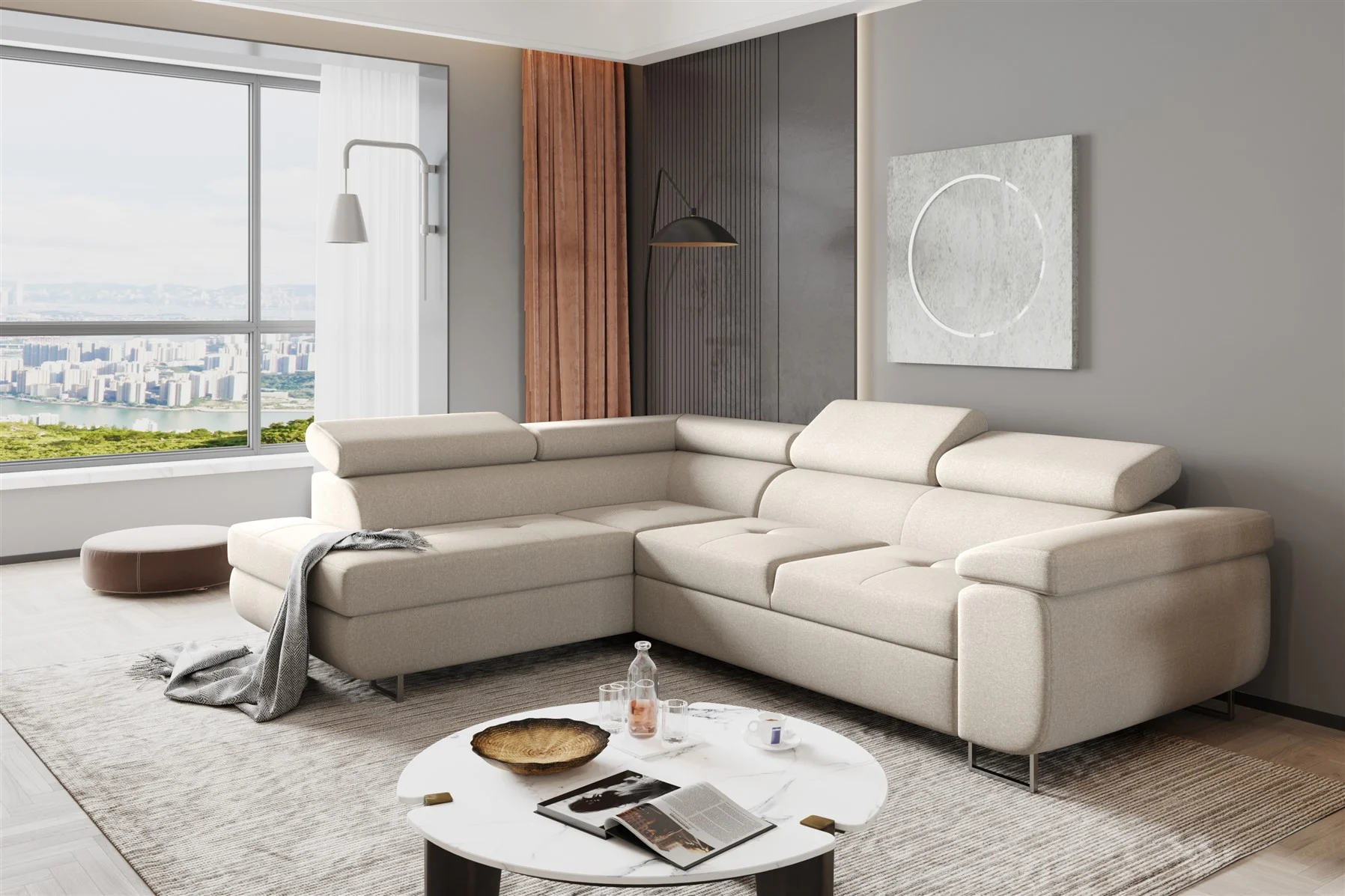 Couchgarnitur JADE Stoff Beige mit Schlaffunktion Ottomane Links - Fun Moebel