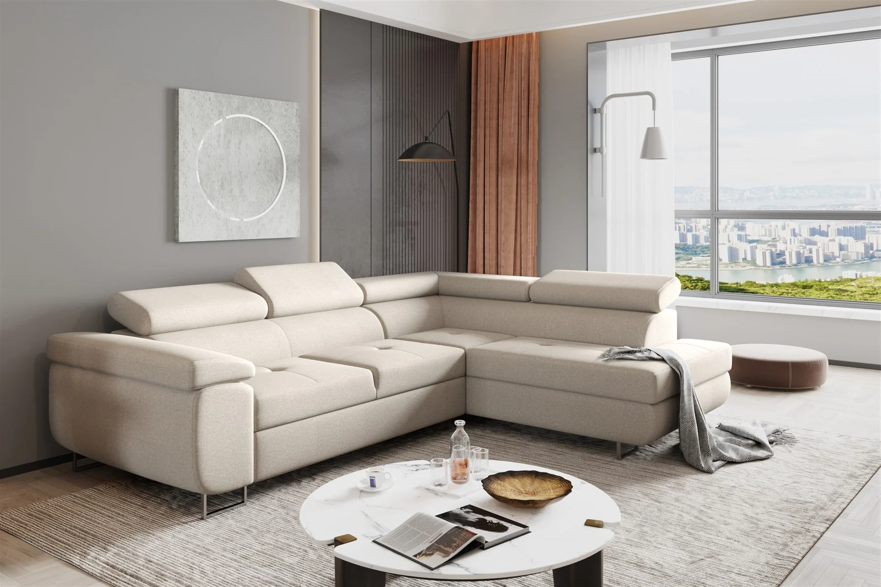 Couchgarnitur JADE Stoff Beige mit Schlaffunktion Ottomane Rechts - Fun Moebel