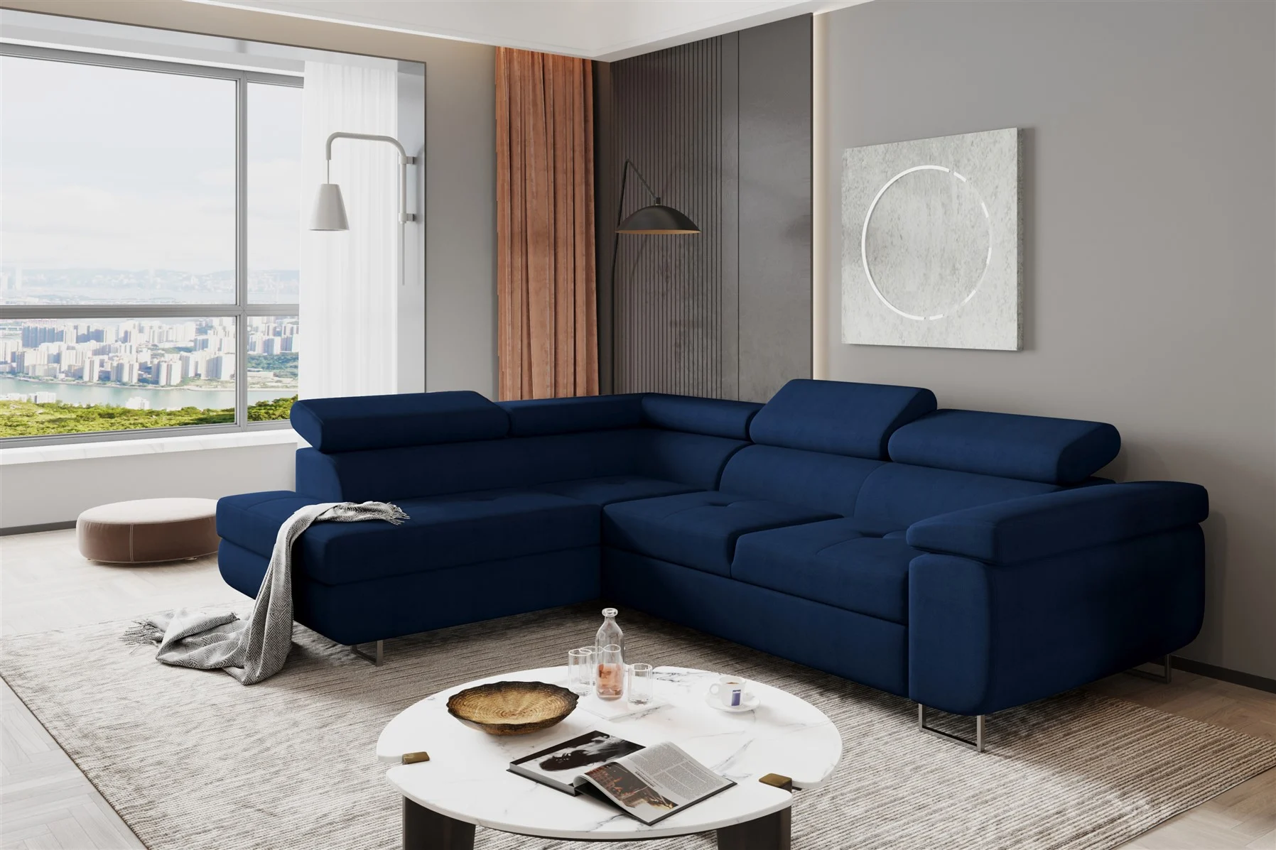Couchgarnitur JADE Stoff Dunkelblau mit Schlaffunktion Ottomane Links - Fun Moebel