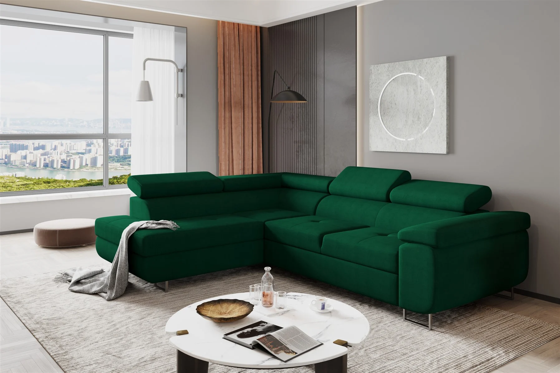 Couchgarnitur JADE Stoff Dunkelgrün mit Schlaffunktion Ottomane Links - Fun Moebel