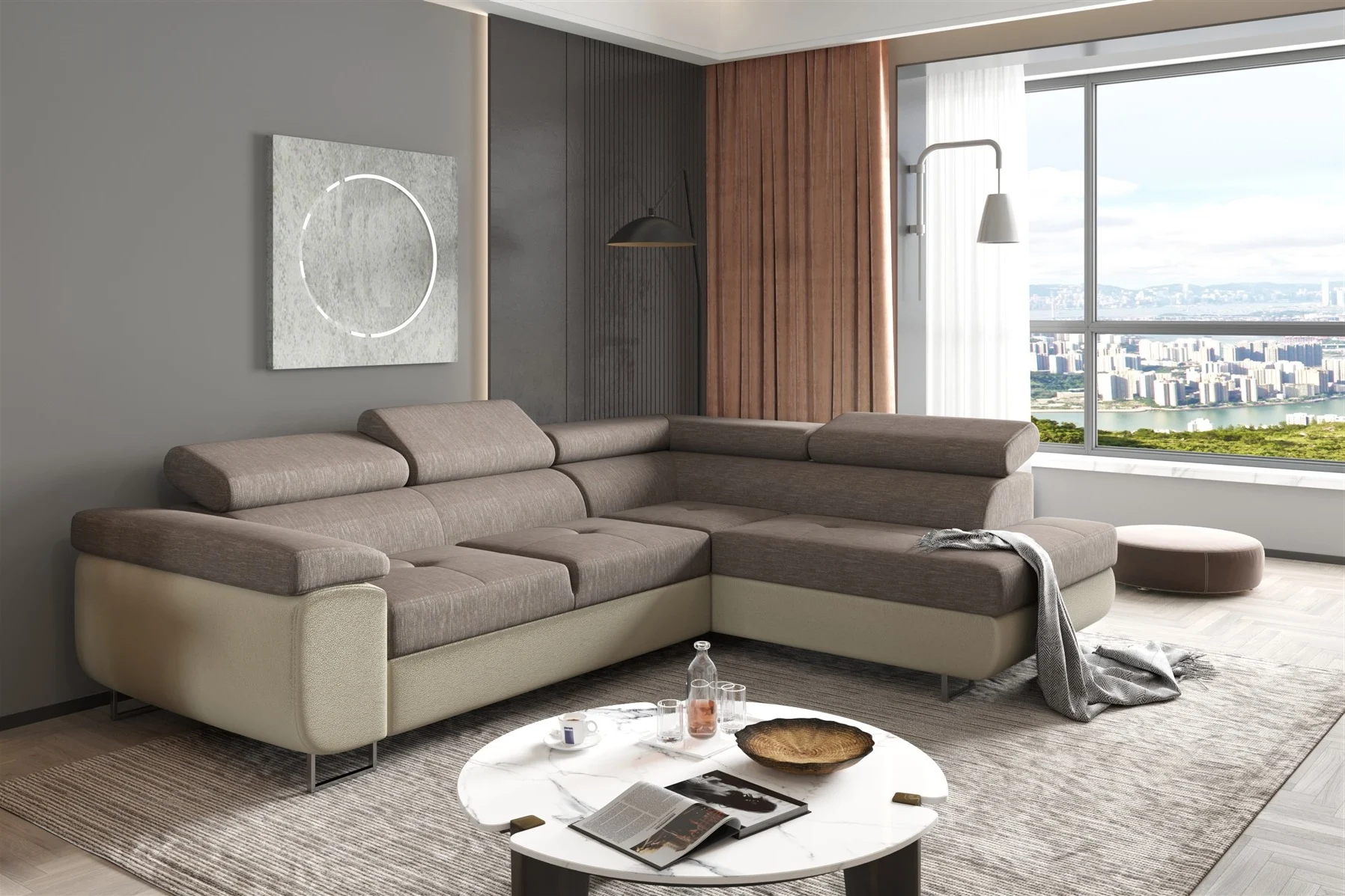 Couchgarnitur JADE Stoff Creme-Grau mit Schlaffunktion Ottomane Rechts