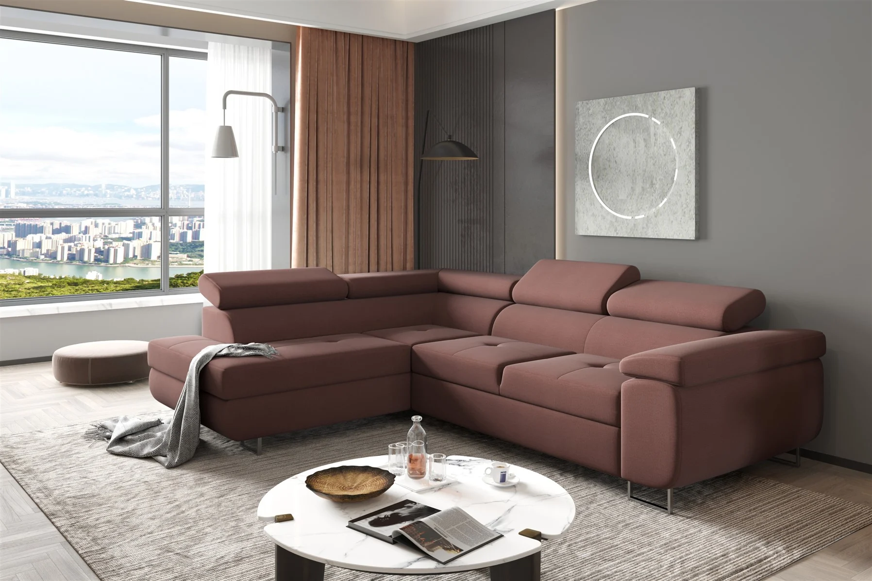 Couchgarnitur JADE Stoff Bordeauxrot mit Schlaffunktion Ottomane Links - Fun Moebel