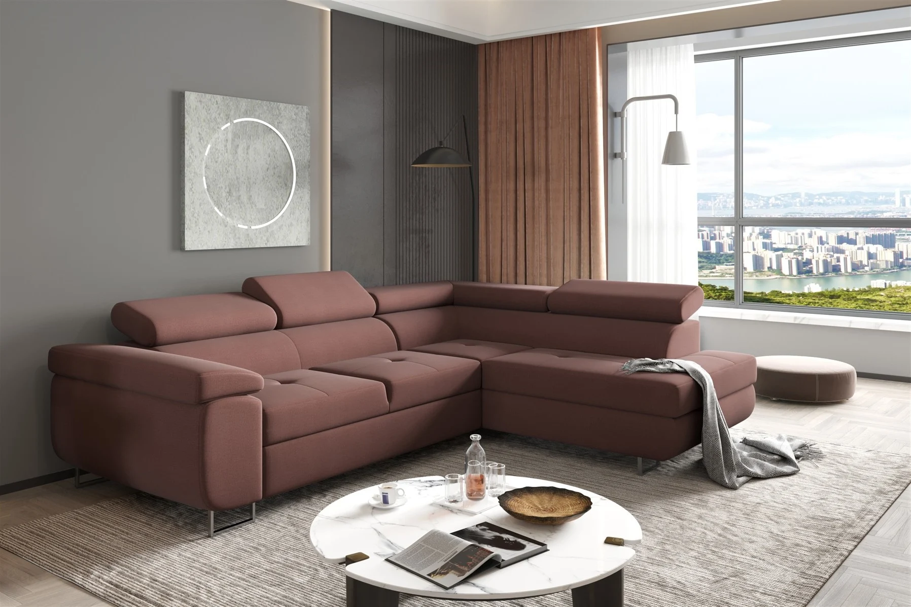Couchgarnitur JADE Stoff Bordeauxrot mit Schlaffunktion Ottomane Rechts - Fun Moebel