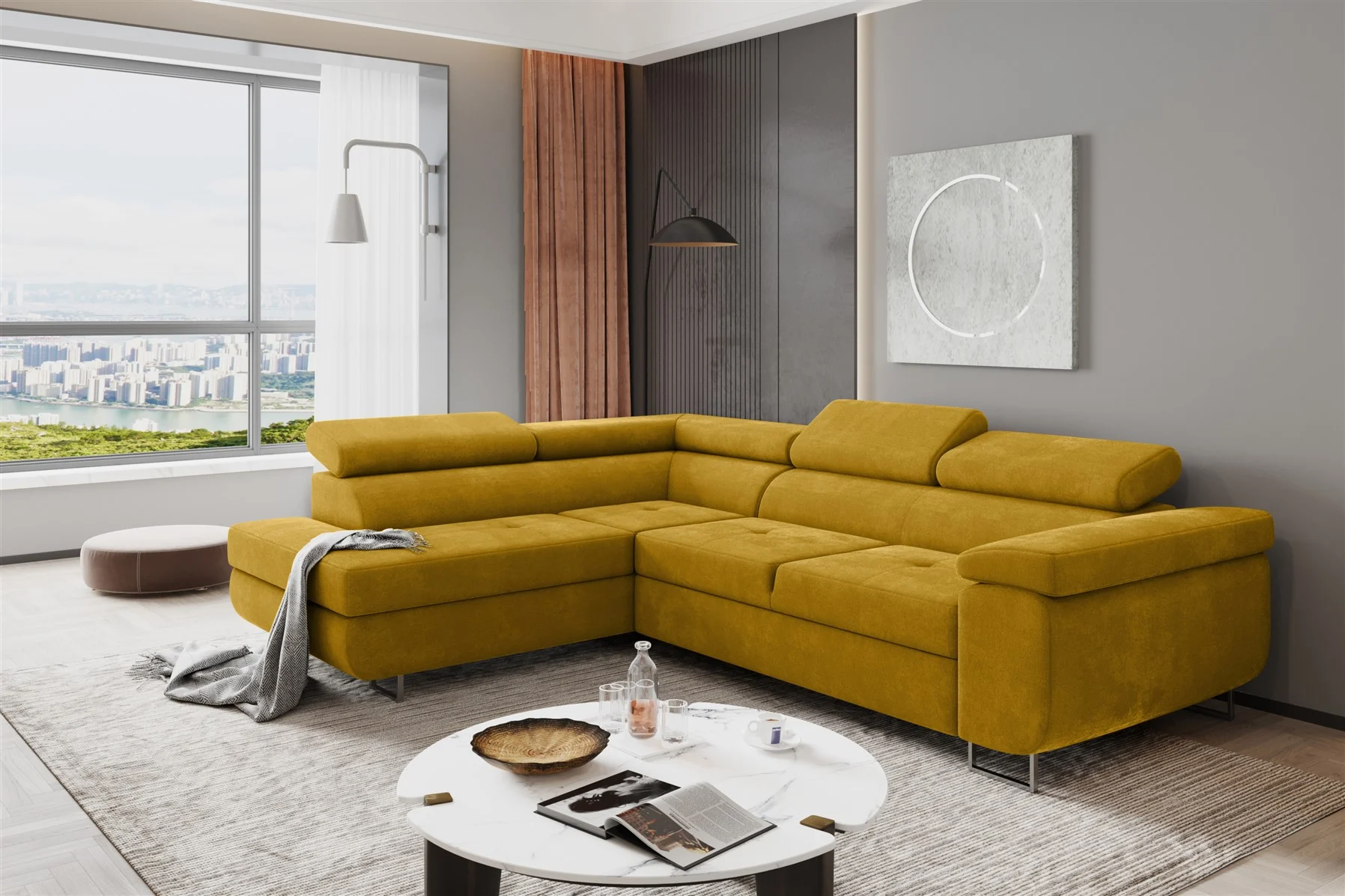 Couchgarnitur JADE Stoff Gelb mit Schlaffunktion Ottomane Links - Fun Moebel