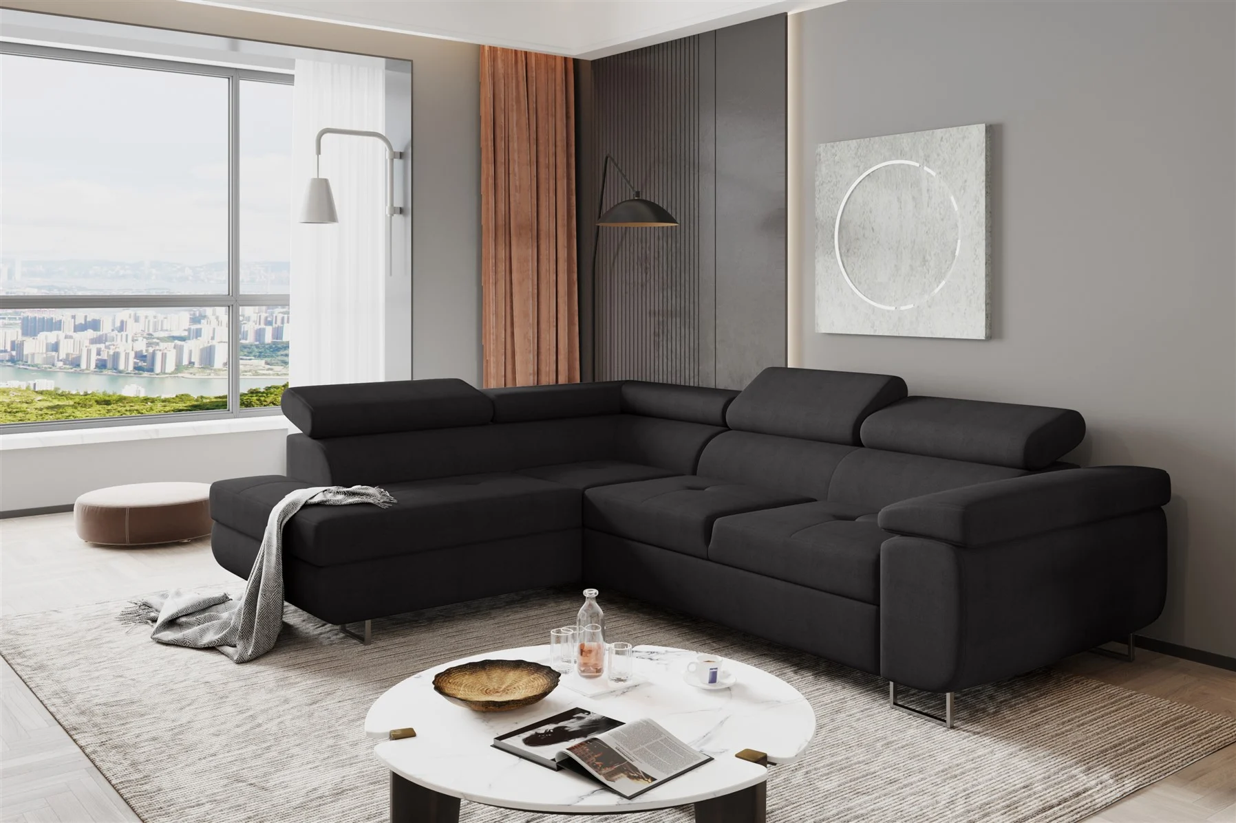 Couchgarnitur JADE Stoff Schwarz mit Schlaffunktion Ottomane Links - Fun Moebel