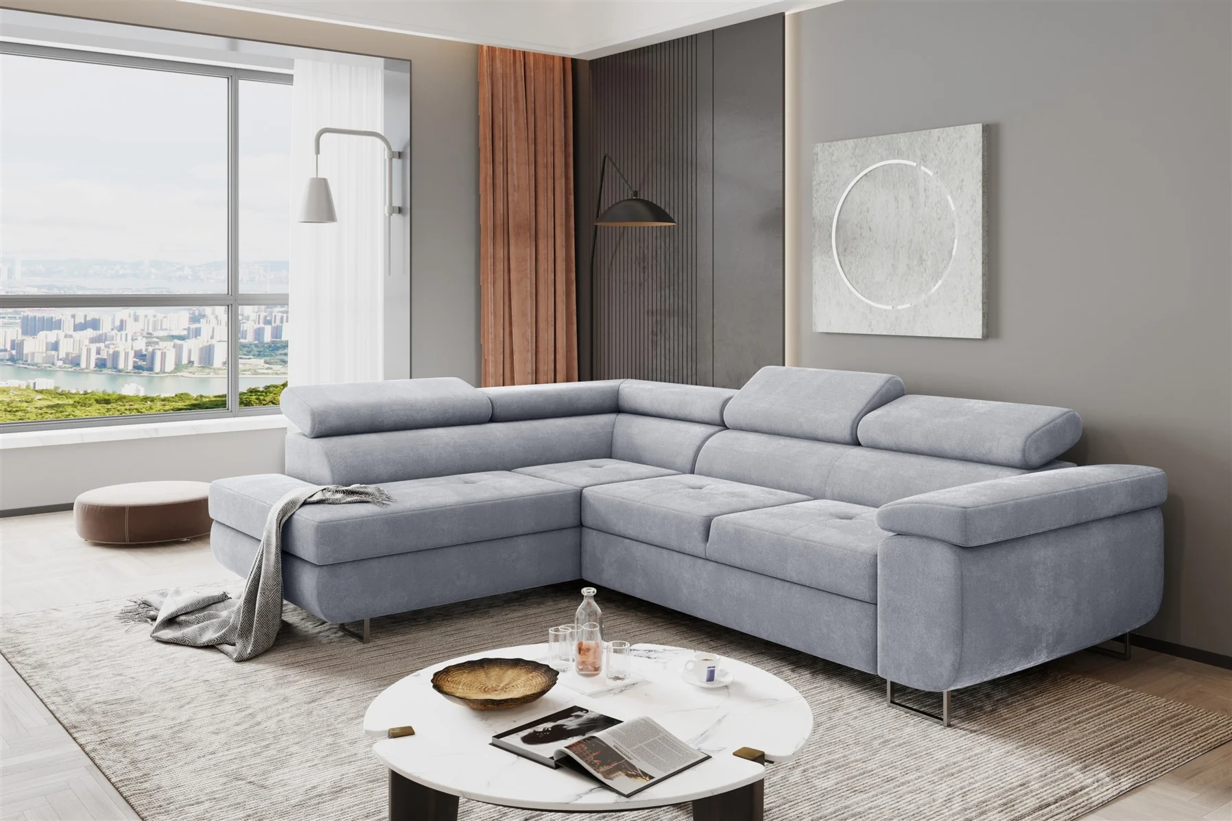 Couchgarnitur JADE Stoff Hellgrau mit Schlaffunktion Ottomane Links - Fun Moebel