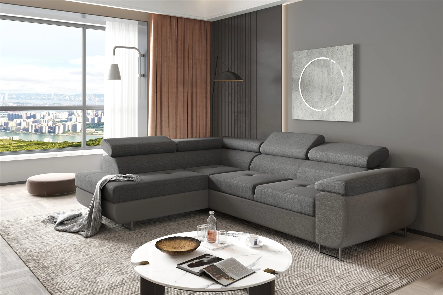 Couchgarnitur JADE Stoff Dunkelgrau mit Schlaffunktion Ottomane Links - Fun Moebel