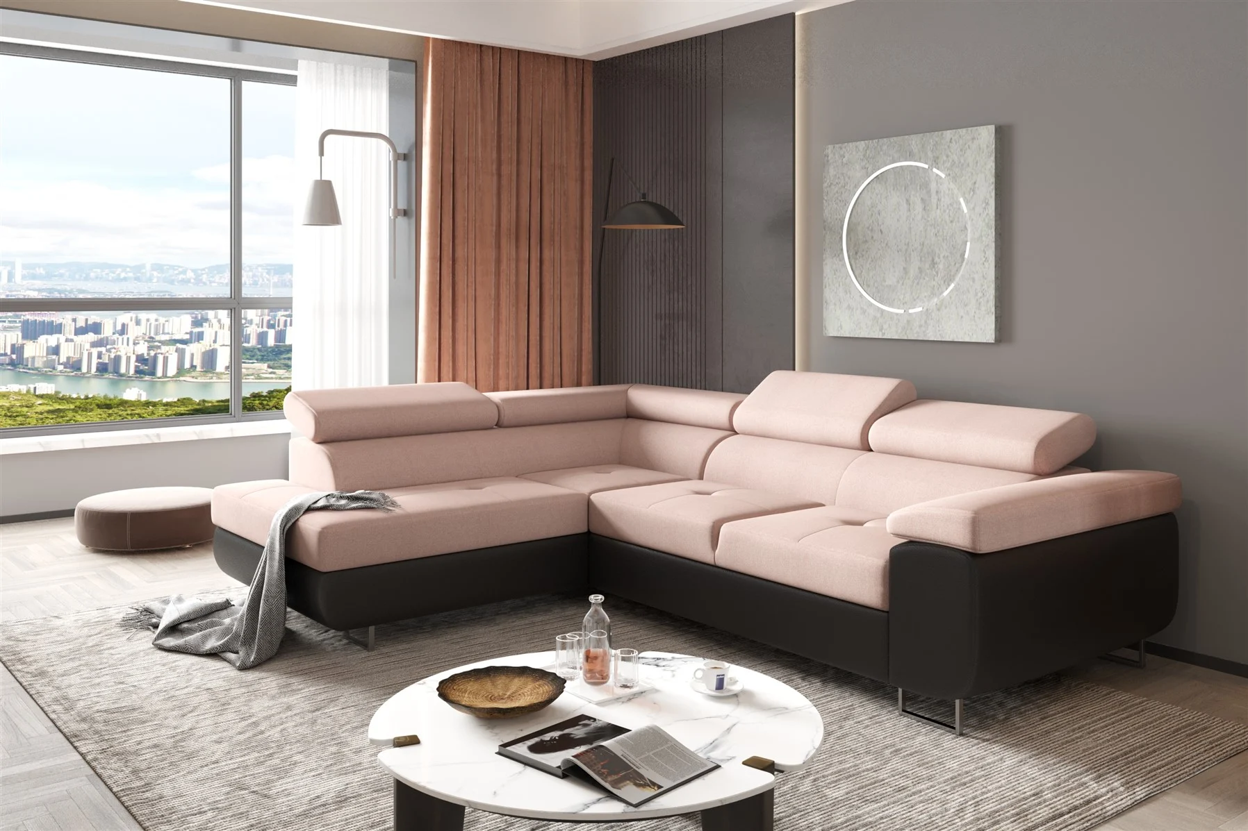 Couchgarnitur JADE Schwarz-Beige mit Schlaffunktion Ottomane Links