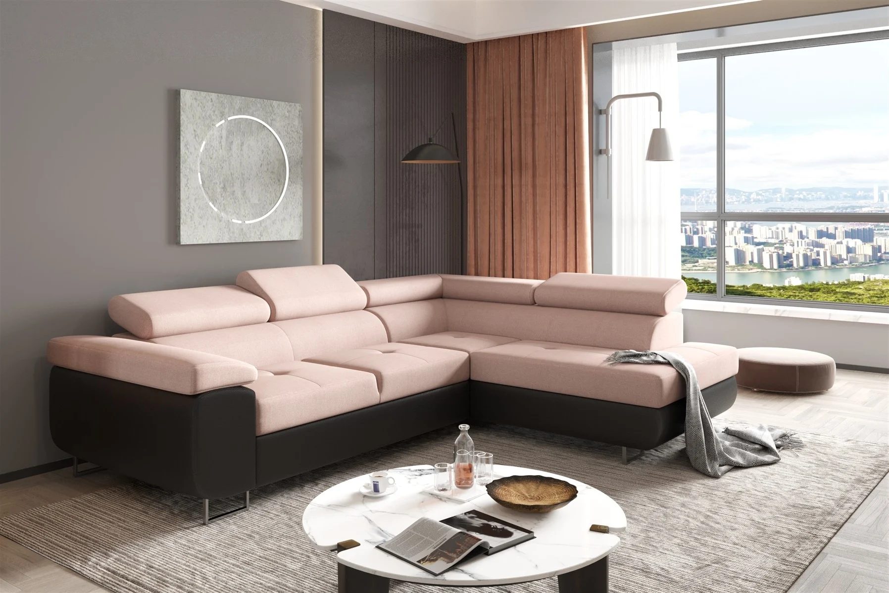 Couchgarnitur JADE Schwarz-Beige mit Schlaffunktion Ottomane Rechts