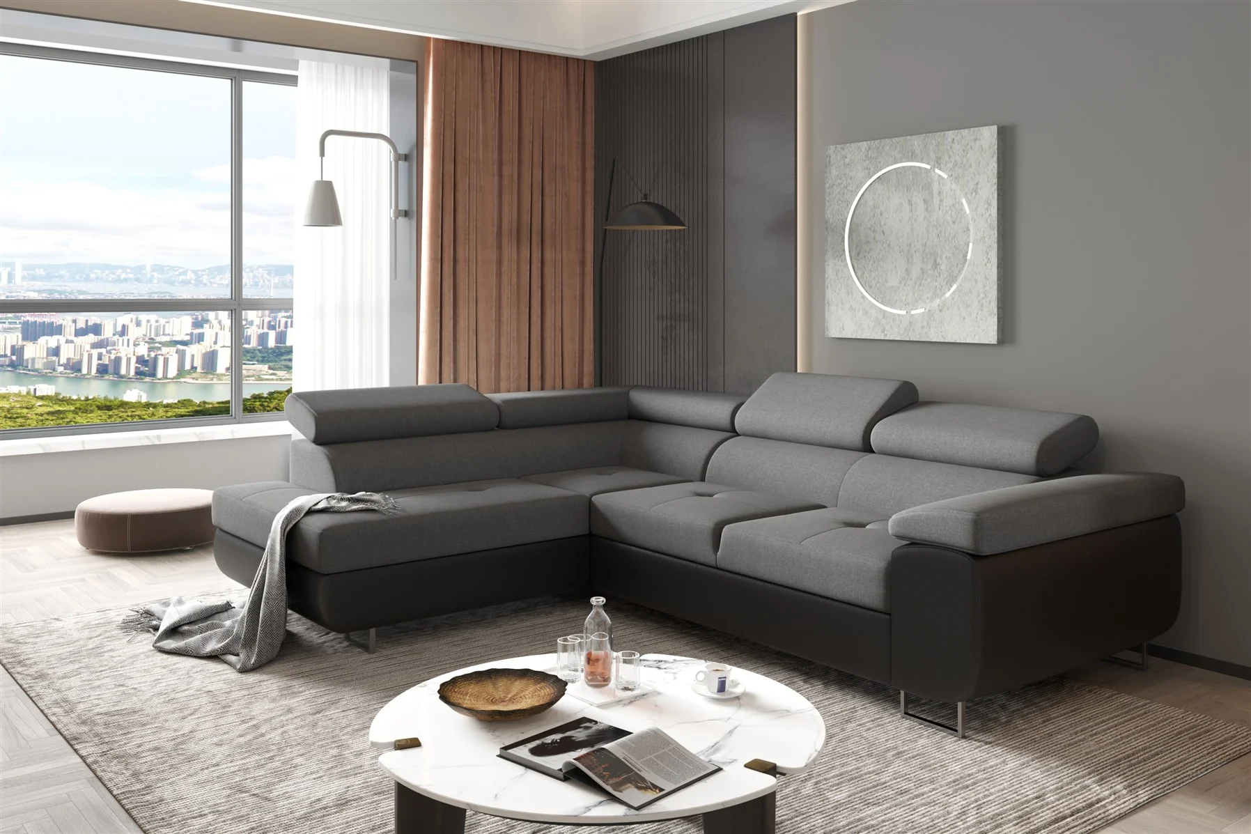 Couchgarnitur JADE Schwarz-Grau mit Schlaffunktion Ottomane Links