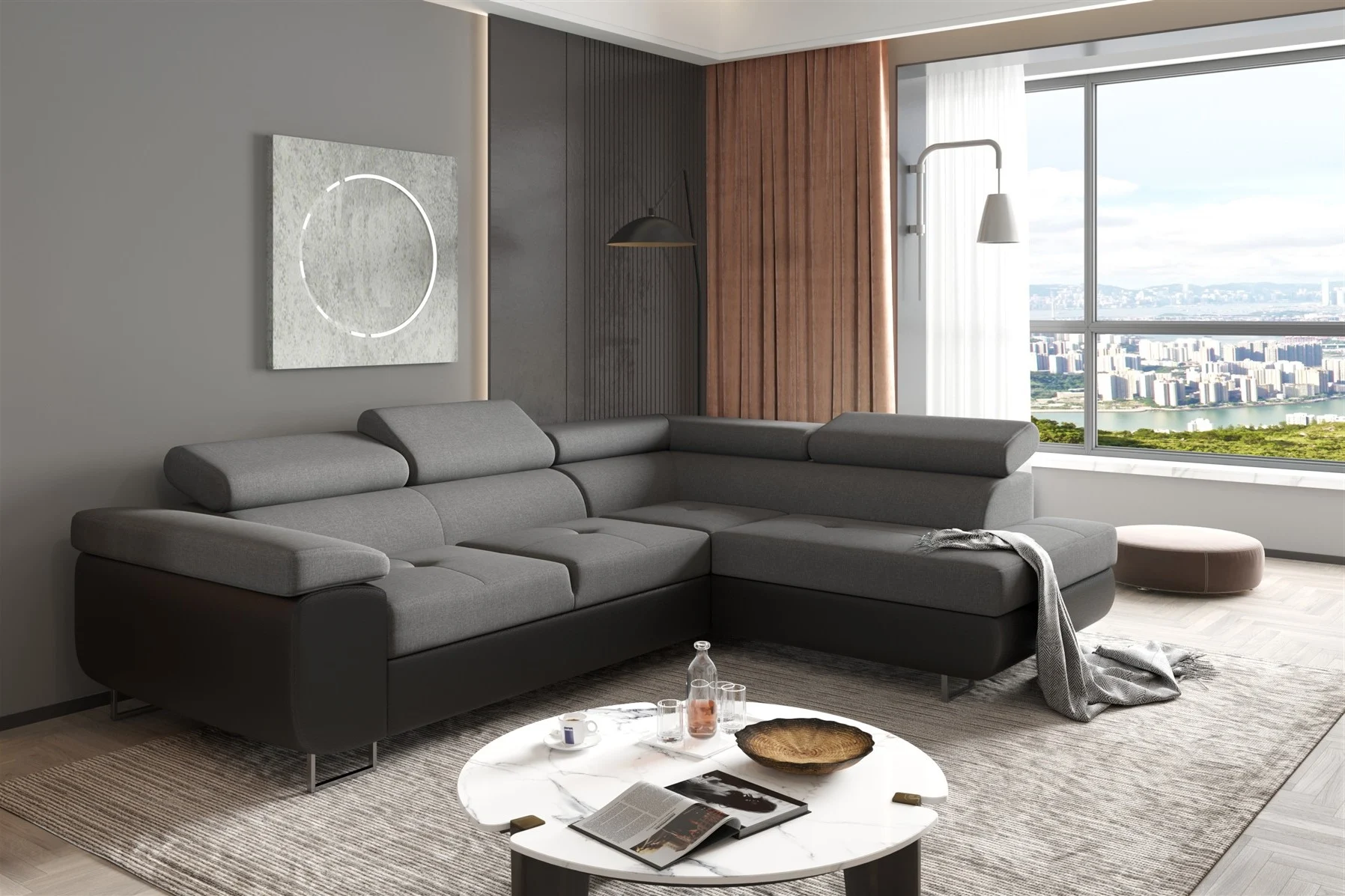 Couchgarnitur JADE Schwarz-Grau mit Schlaffunktion Ottomane Rechts