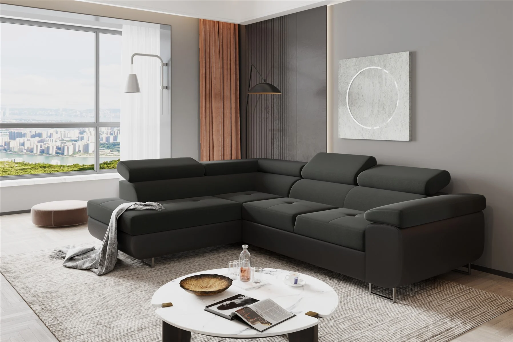 Couchgarnitur JADE Schwarz mit Schlaffunktion Ottomane Links - Fun Moebel