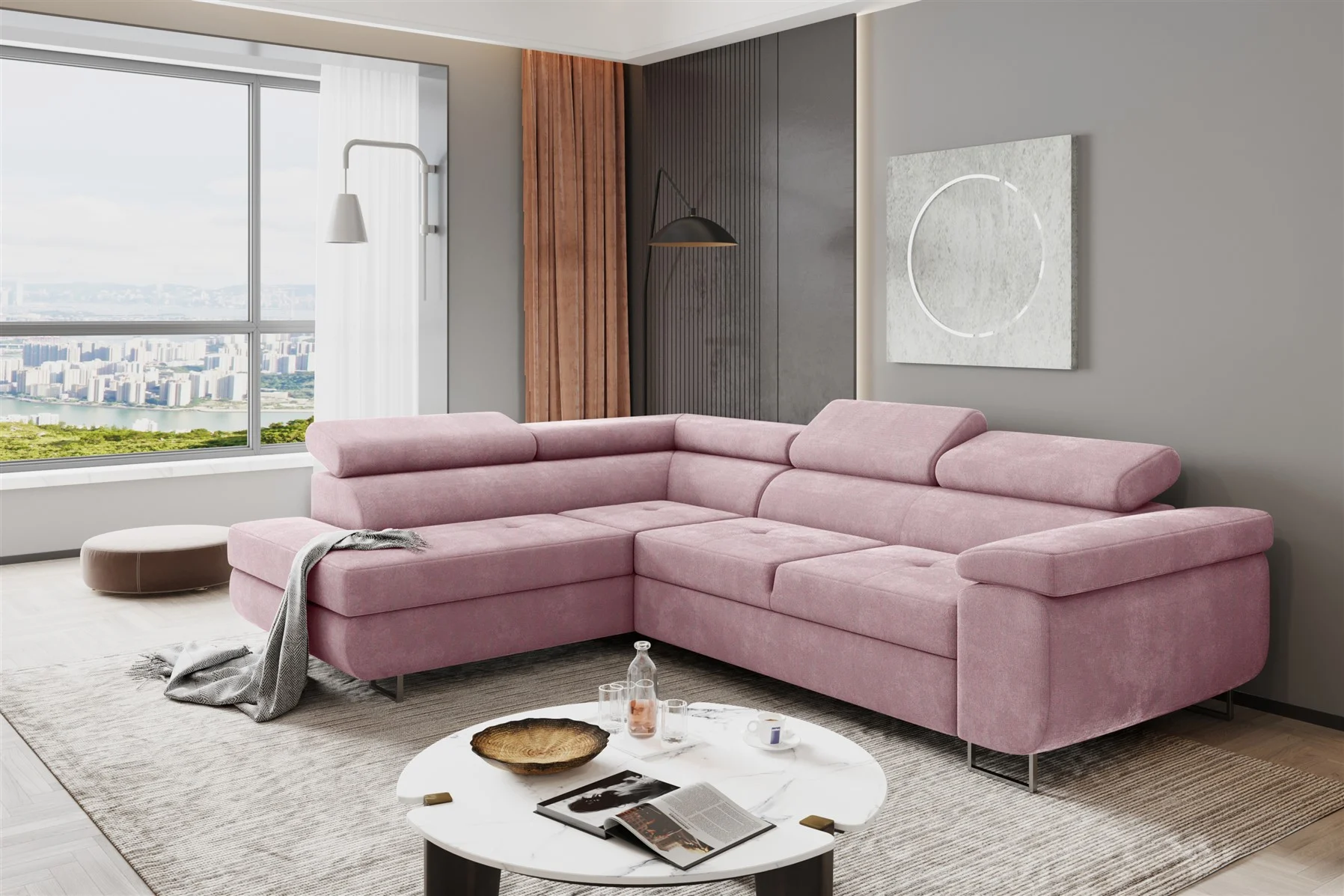Couchgarnitur JADE Stoff Rosa mit Schlaffunktion Ottomane Links - Fun Moebel
