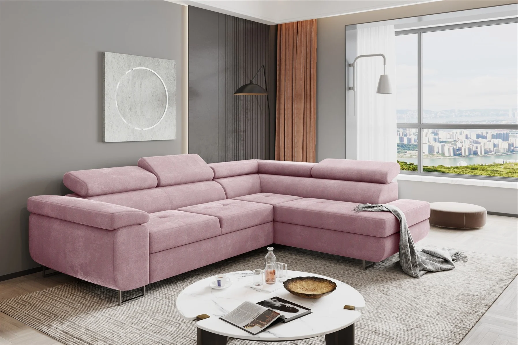 Couchgarnitur JADE Stoff Rosa mit Schlaffunktion Ottomane Rechts - Fun Moebel