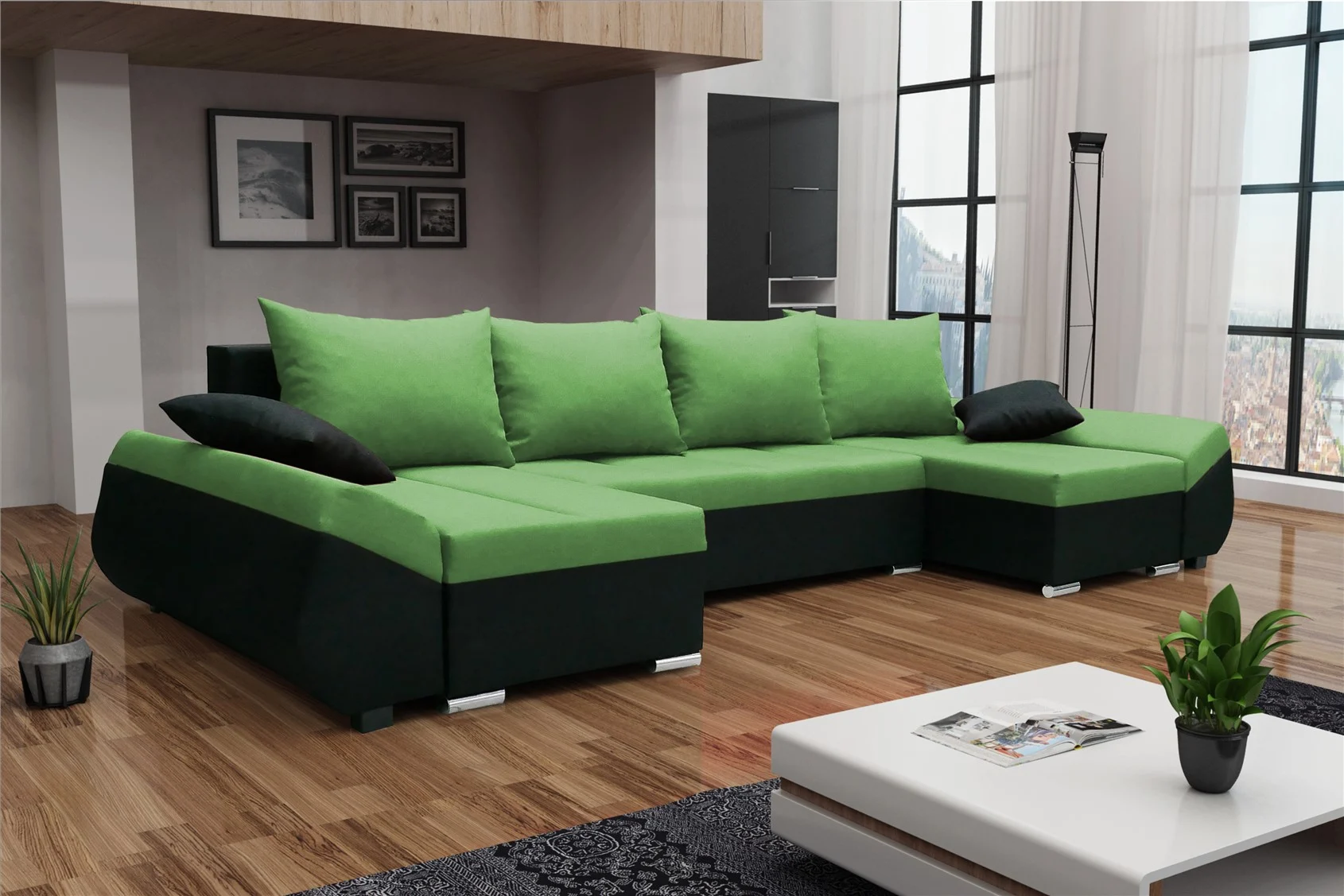 Wohnlandschaft U-Form KLEO mit Schlaffunktion Schwarz-Grün