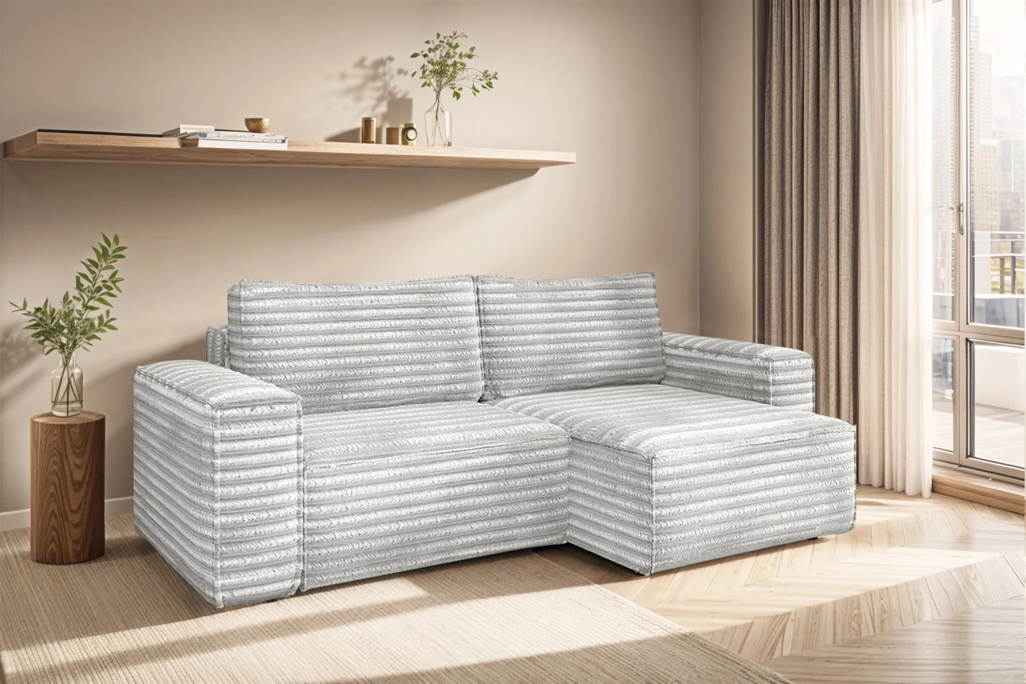 Ecksofa Schlafsofa MADLEN Stoff Velo Hellgrau Ottomane Rechts - Fun Möbel