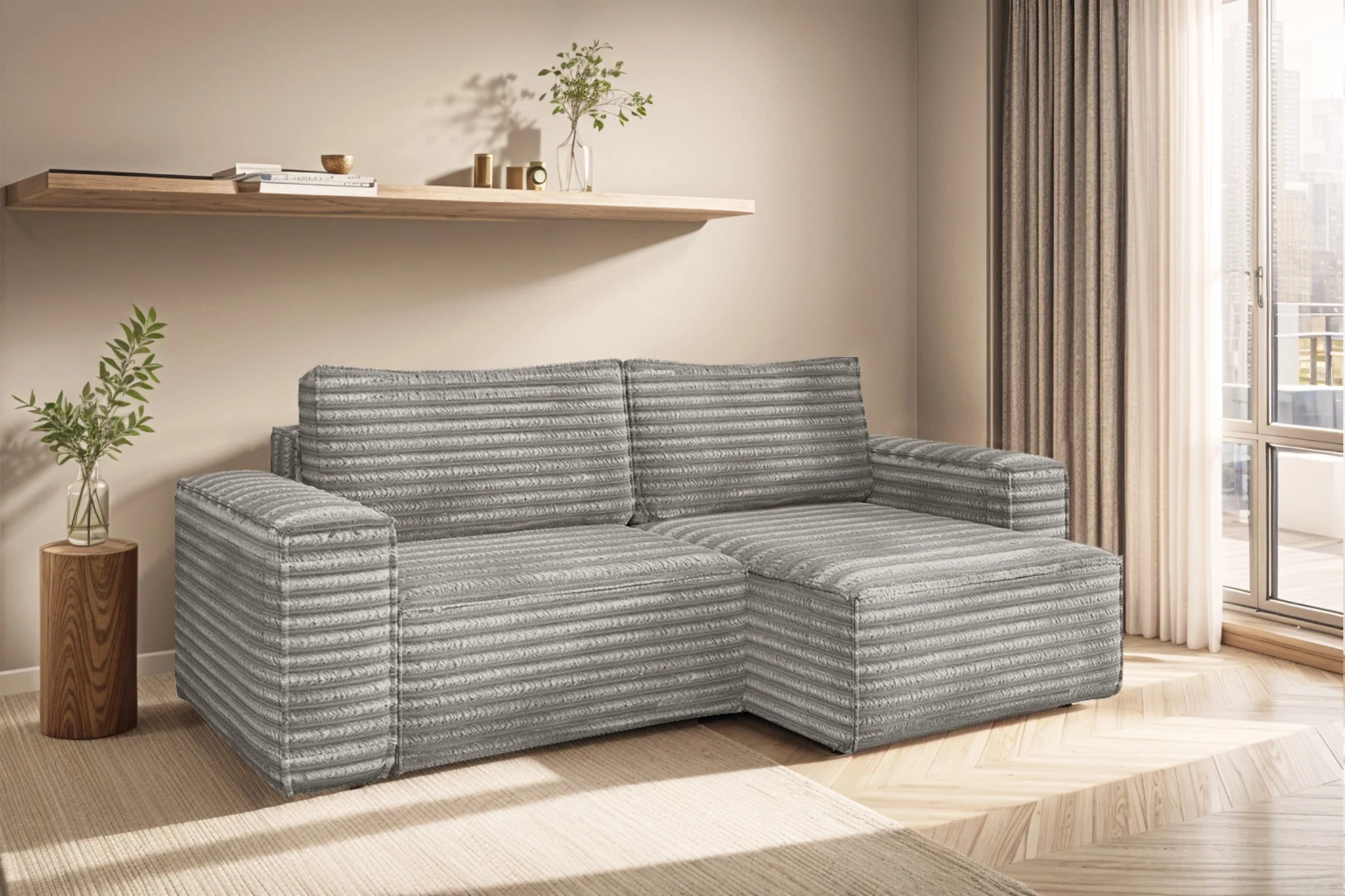 Ecksofa Schlafsofa MADLEN Stoff Velo Grau Ottomane Rechts - Fun Möbel