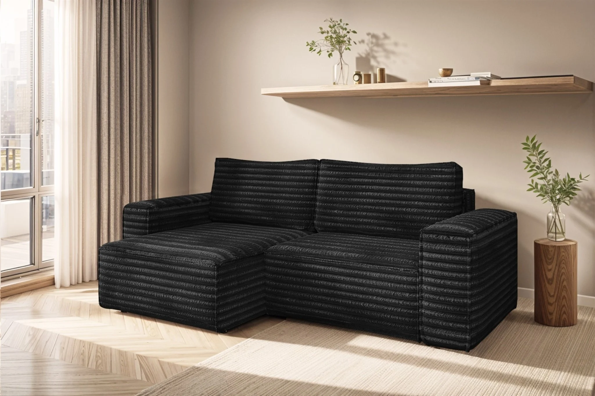 Ecksofa Schlafsofa MADLEN Stoff Velo Schwarz Ottomane Links - Fun Möbel