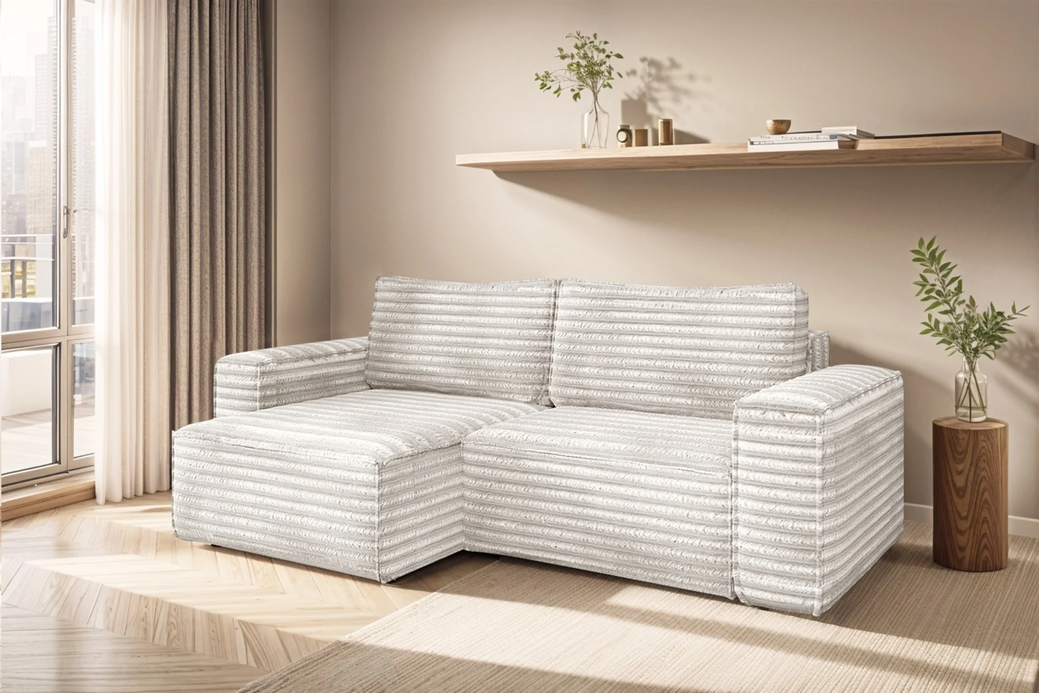 Ecksofa Schlafsofa MADLEN Stoff Velo Altweiß Ottomane Links - Fun Möbel