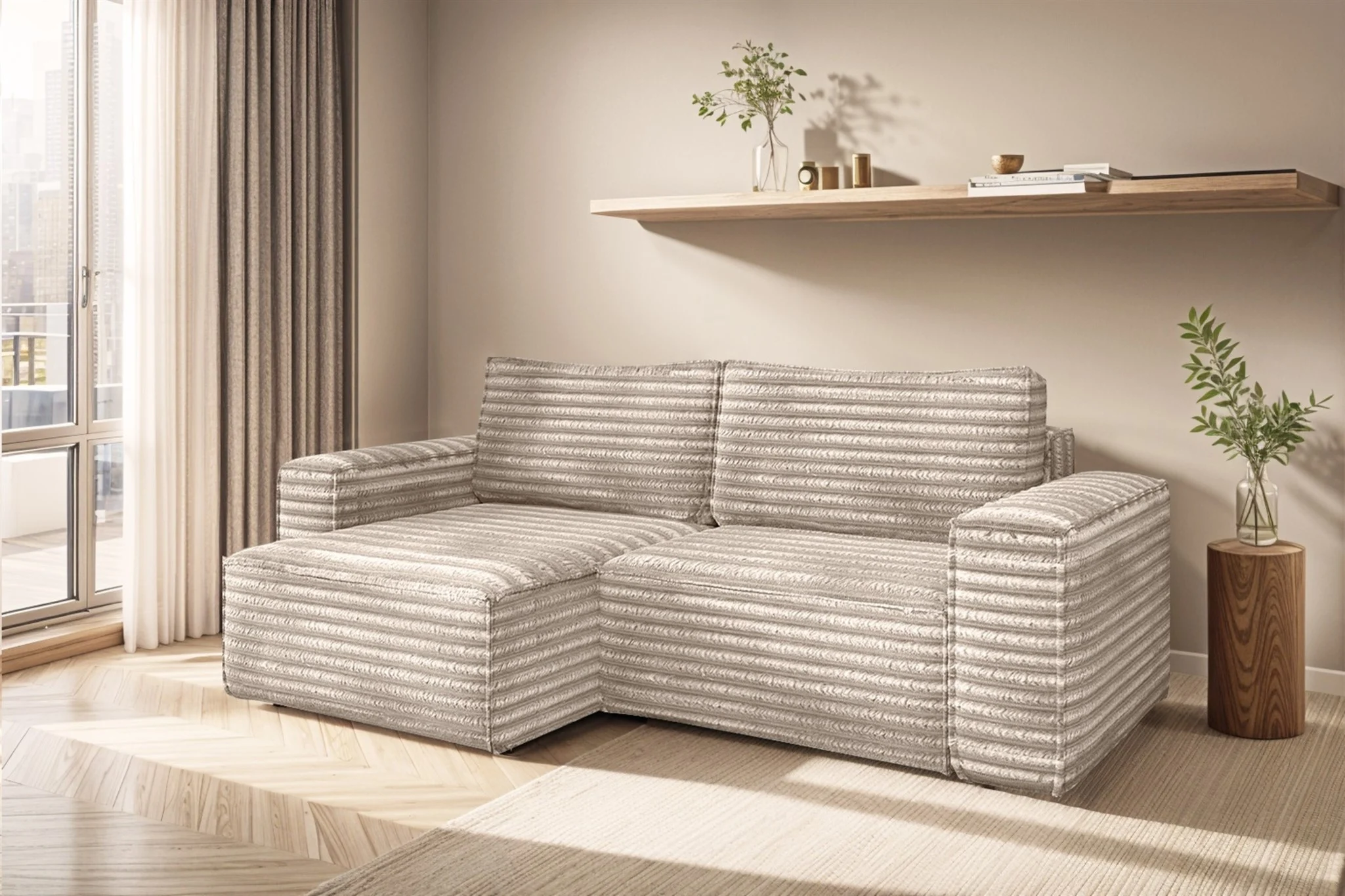 Ecksofa Schlafsofa MADLEN Stoff Velo Beige Ottomane Links - Fun Möbel