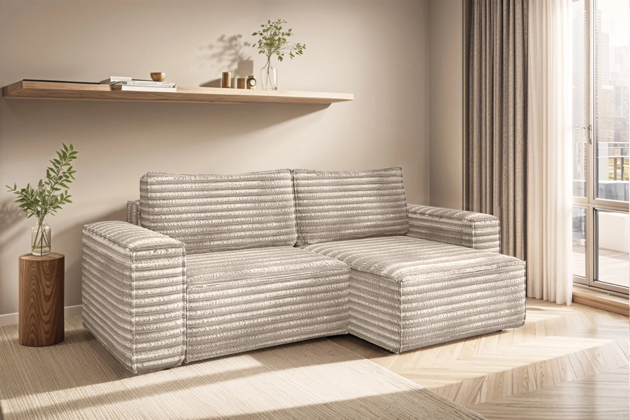 Ecksofa Schlafsofa MADLEN Stoff Velo Beige Ottomane Rechts - Fun Möbel