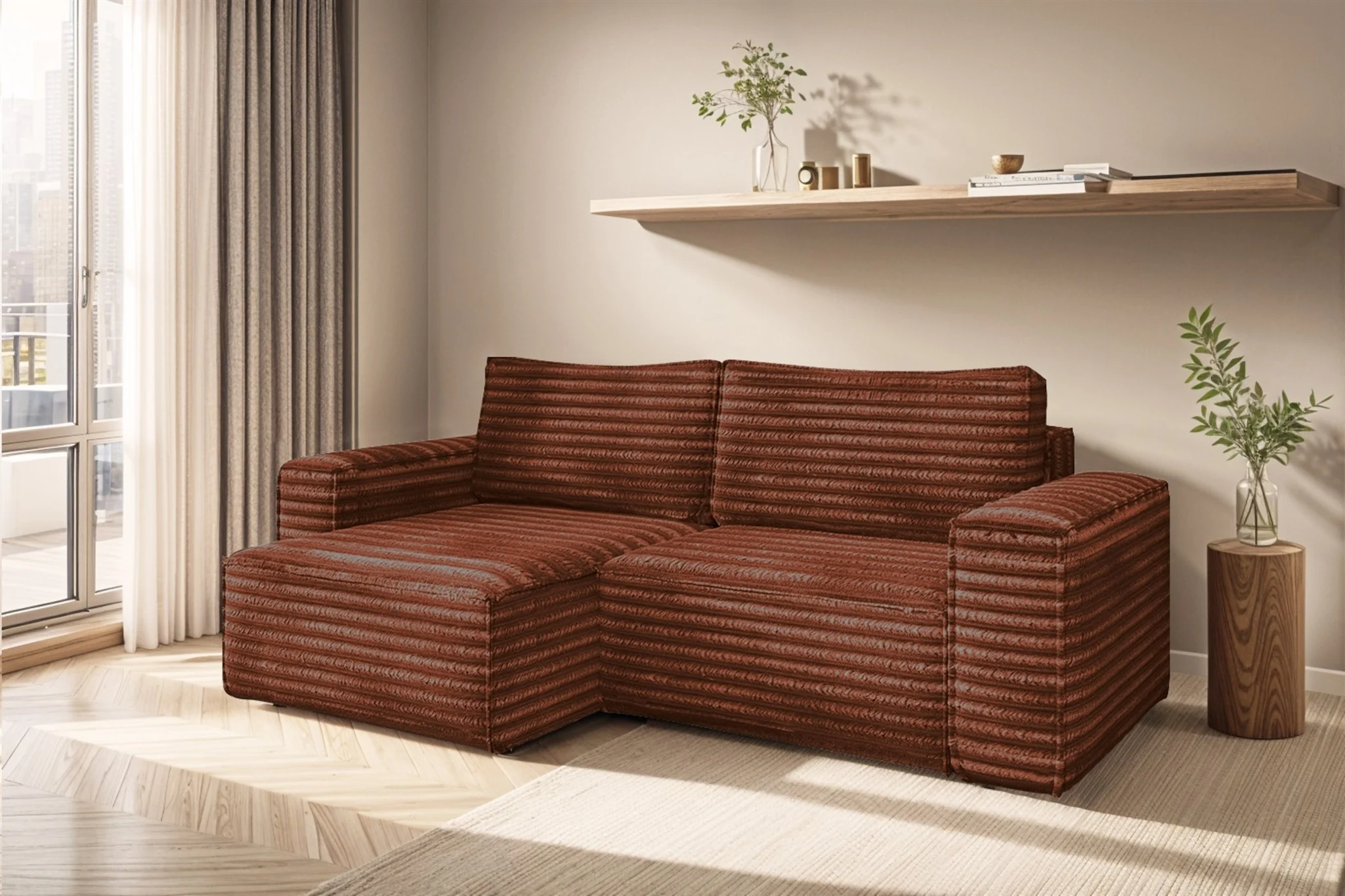 Ecksofa Schlafsofa MADLEN Stoff Velo Rostbraun Ottomane Links - Fun Möbel