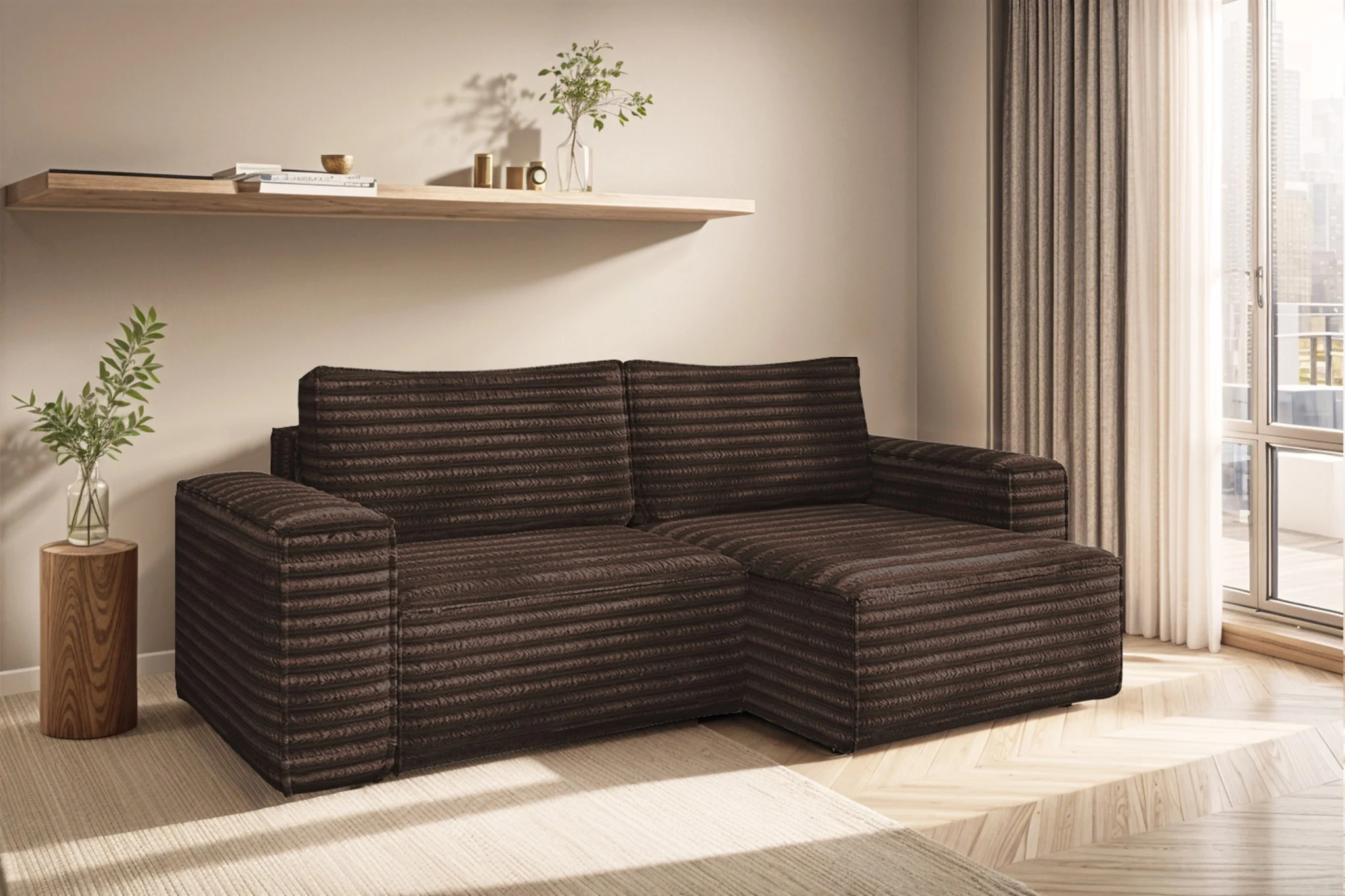 Ecksofa Schlafsofa MADLEN Stoff Velo Braun Ottomane Rechts - Fun Möbel