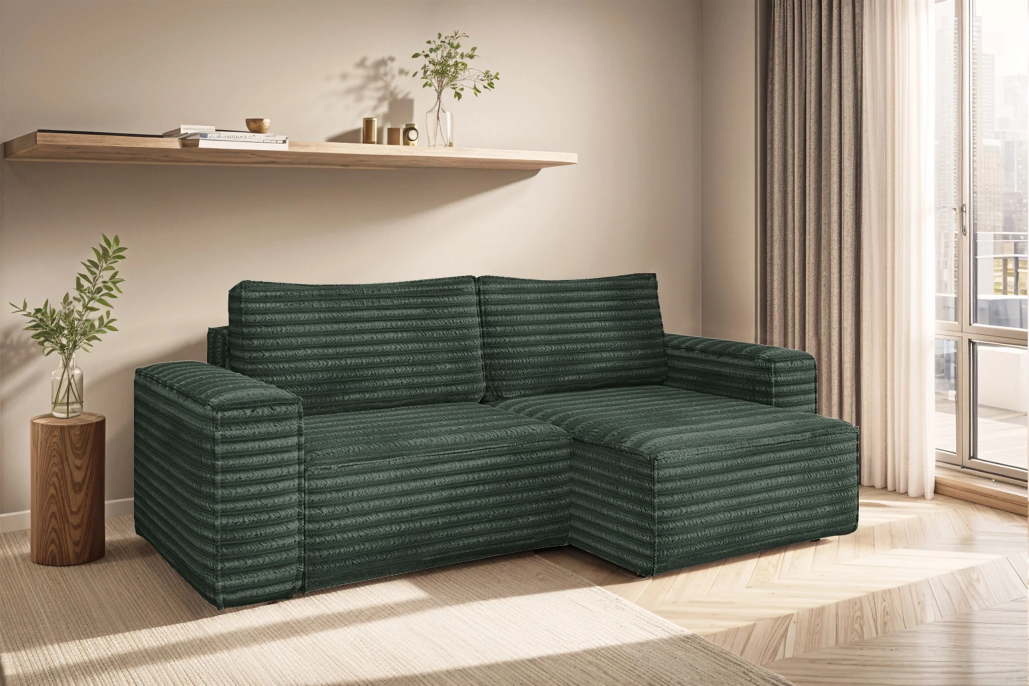 Ecksofa Schlafsofa MADLEN Stoff Velo Grün Ottomane Rechts - Fun Möbel