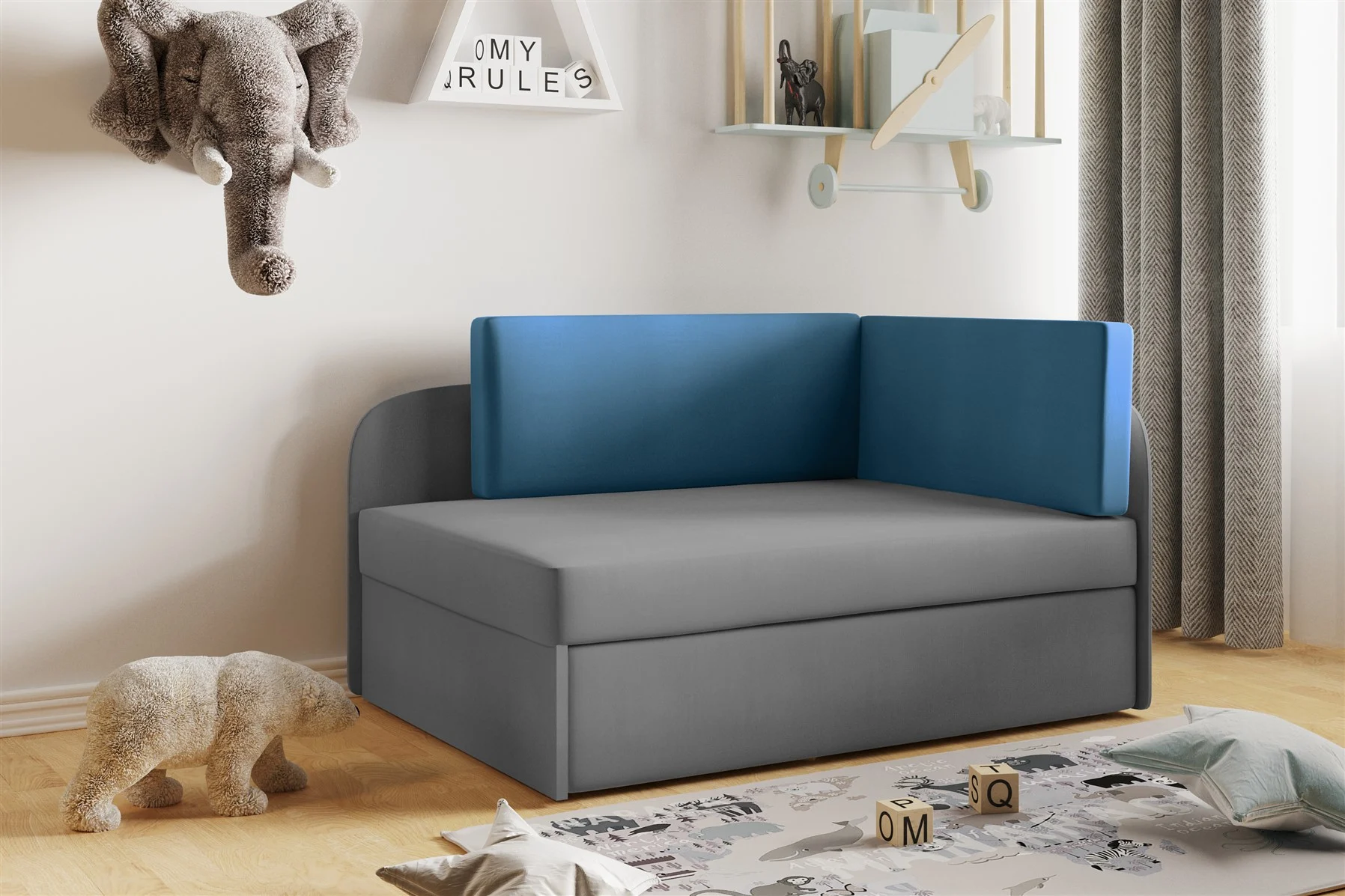 Sofa Kindersofa Schlafsofa inkl. Bettkasten MAILO Seite Links Stoff Grau / Blau - Fun Moebel