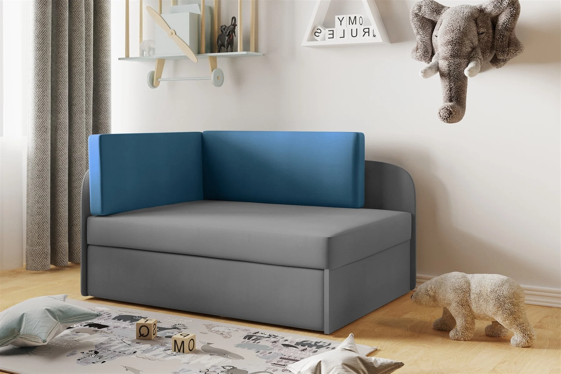 Sofa Kindersofa Schlafsofa inkl. Bettkasten MAILO Seite Rechts Stoff Grau / Blau - Fun Moebel