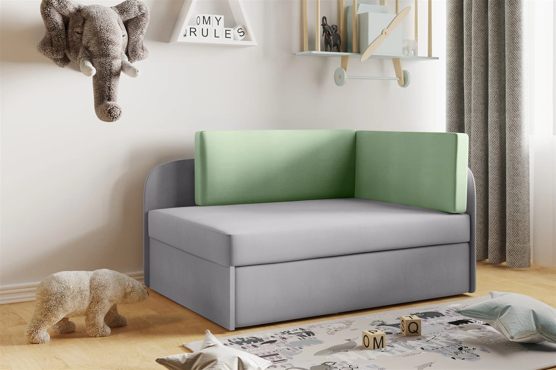 Sofa Kindersofa Schlafsofa inkl. Bettkasten MAILO Seite Links Stoff Grau / Grün - Fun Moebel