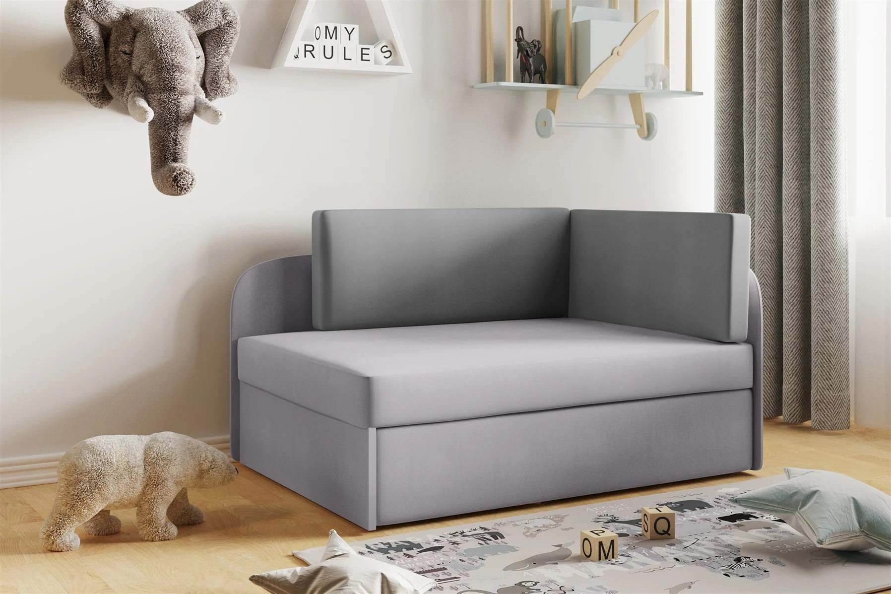 Sofa Kindersofa Schlafsofa inkl. Bettkasten MAILO Seite Links Stoff Grau - Fun Moebel