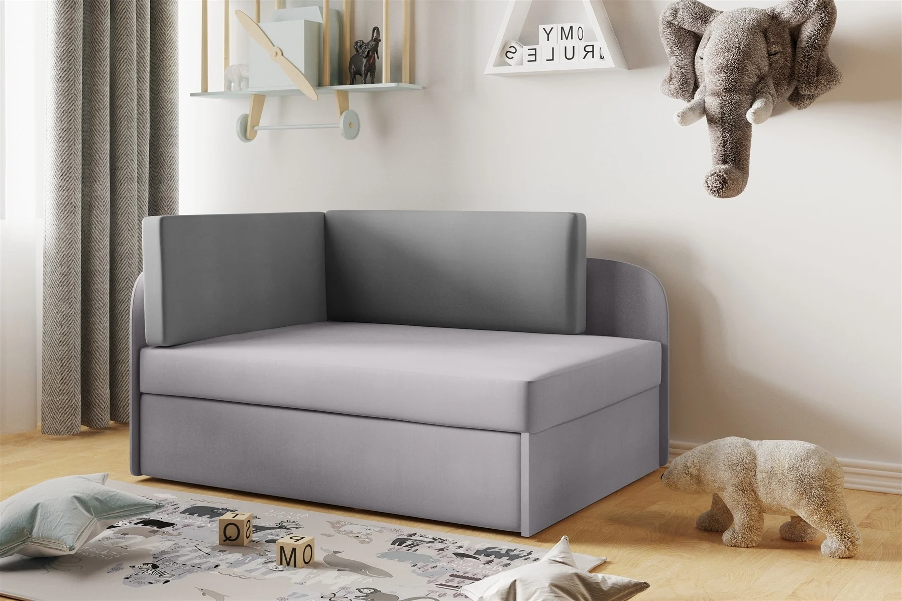 Sofa Kindersofa Schlafsofa inkl. Bettkasten MAILO Seite Rechts Stoff Grau - Fun Moebel