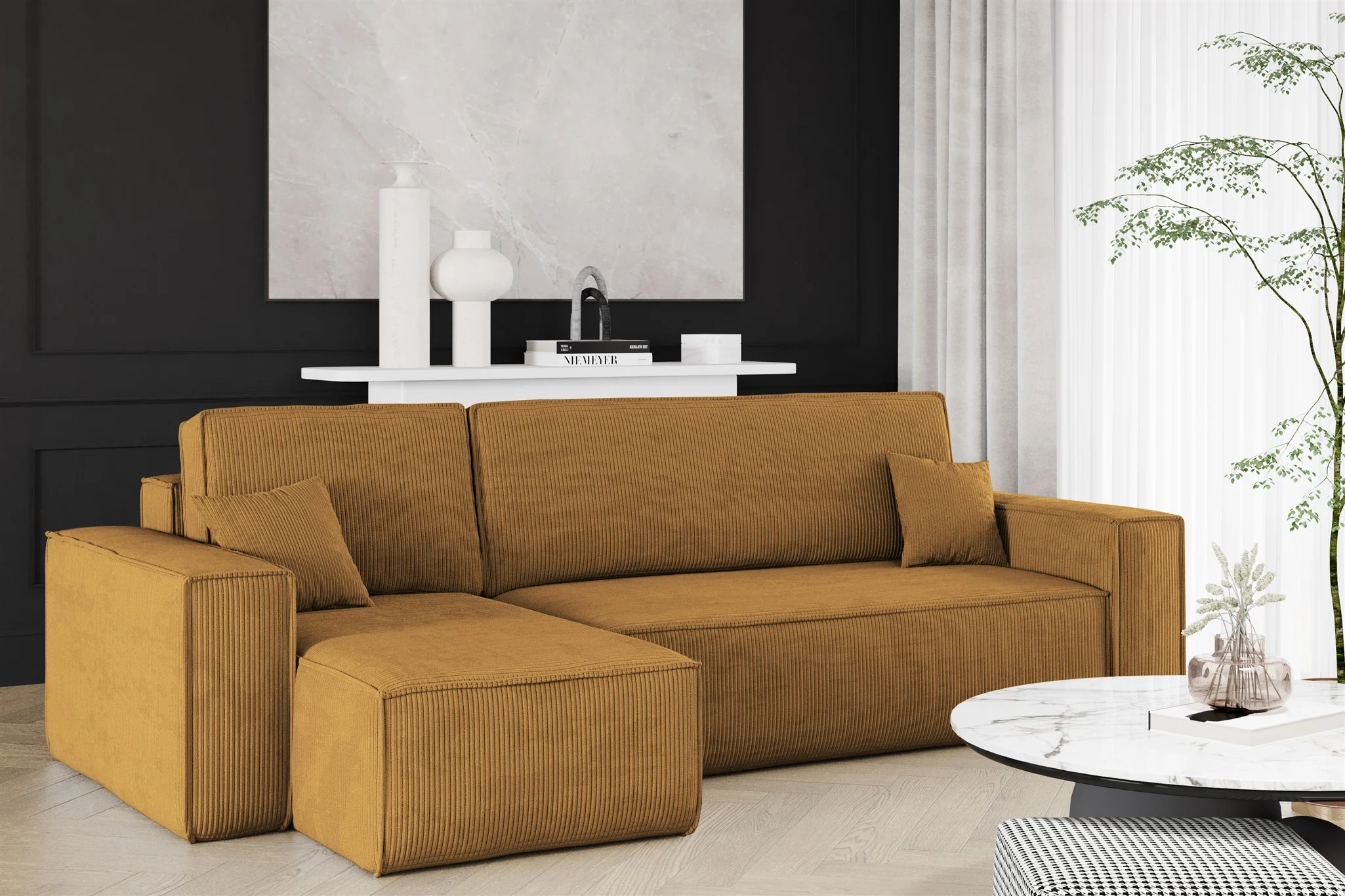 Ecksofa Schlafsofa Sofa MARIS Stoff Poso Senf Ottomane Links - Fun Möbel