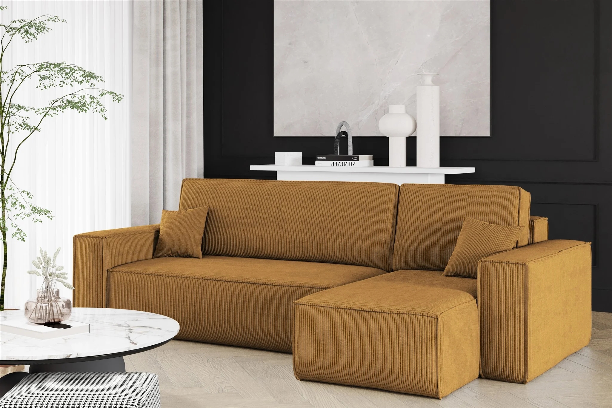 Ecksofa Schlafsofa Sofa MARIS Stoff Poso Senf Ottomane Rechts - Fun Möbel