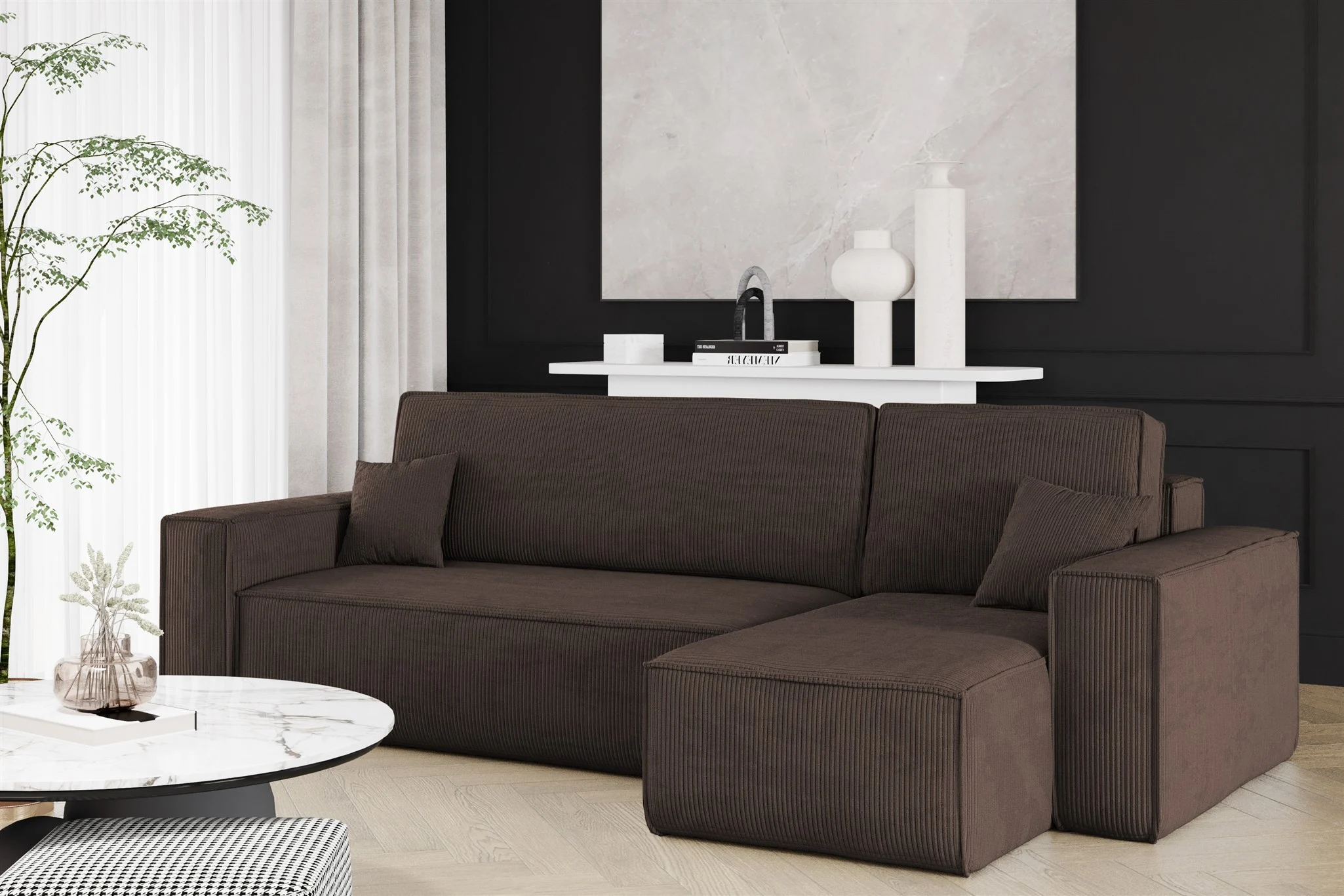 Ecksofa Schlafsofa Sofa MARIS Stoff Poso Braun Ottomane Rechts - Fun Möbel